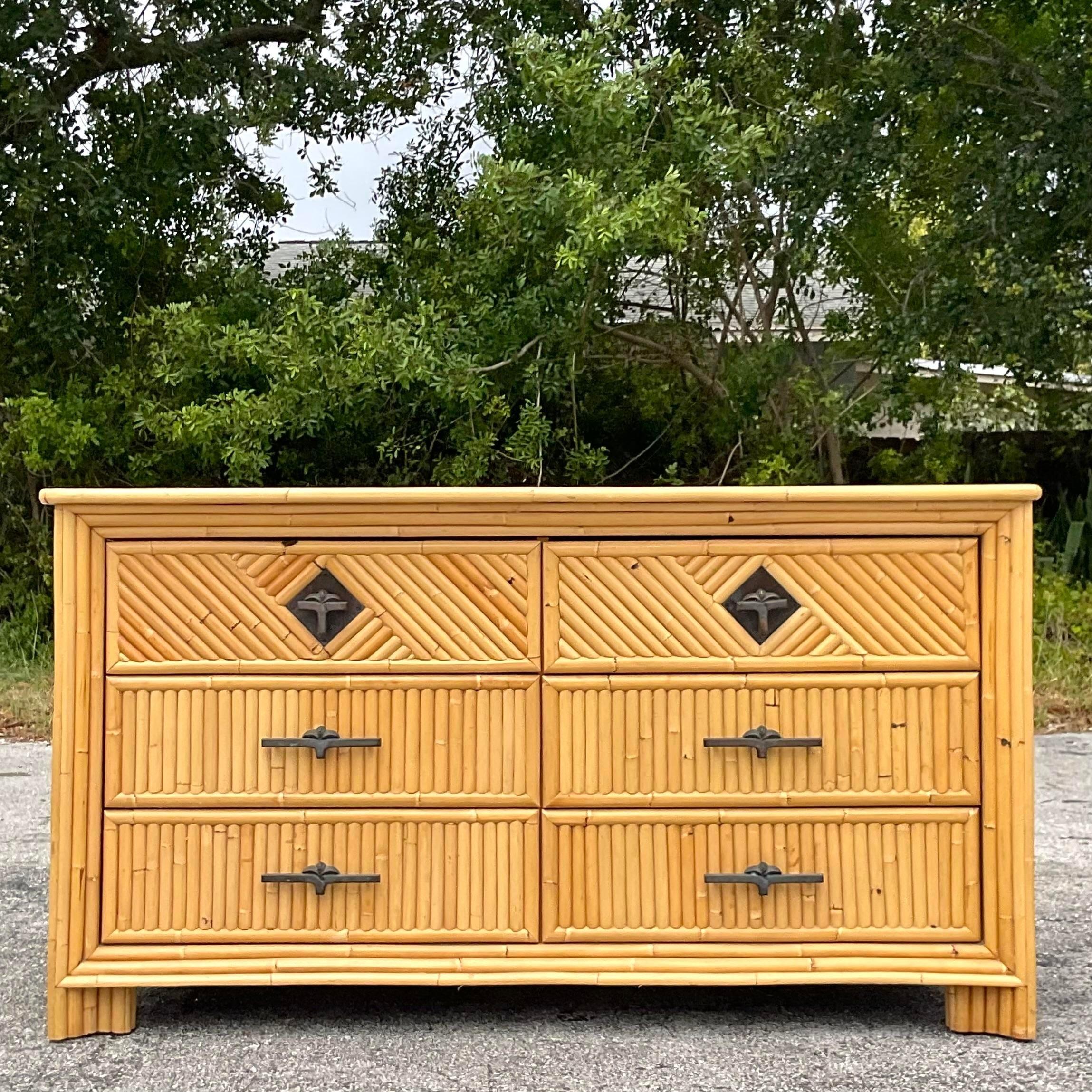 Mid 20th Century Vintage Coastal Diamond Rattan Palm Dresser For Sale