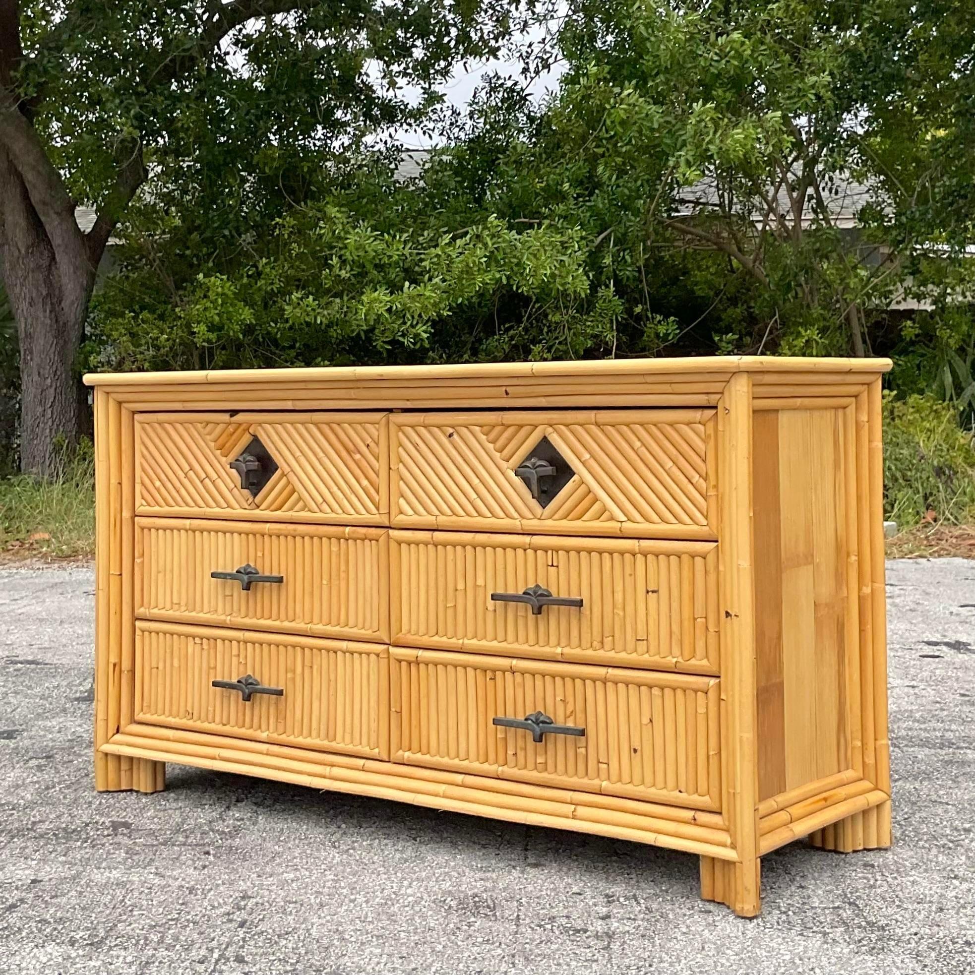 Mid 20th Century Vintage Coastal Diamond Rattan Palm Dresser For Sale