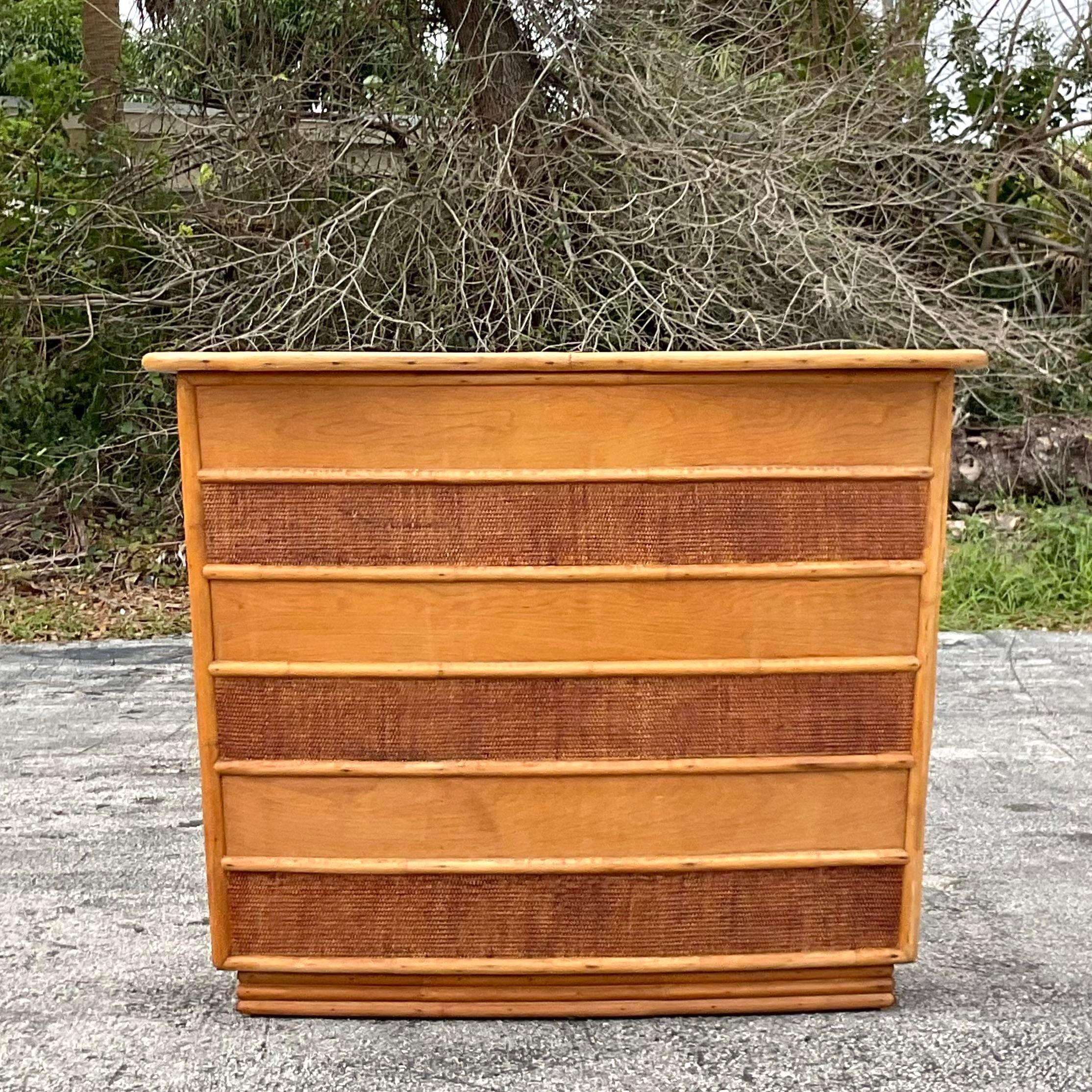 Mid 20th Century Vintage Coastal Grasscloth Band Dry Bar In Good Condition For Sale In west palm beach, FL