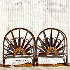 Mid 20th Century Vintage Coastal Loop Rattan Twin Headboards - a Pair
