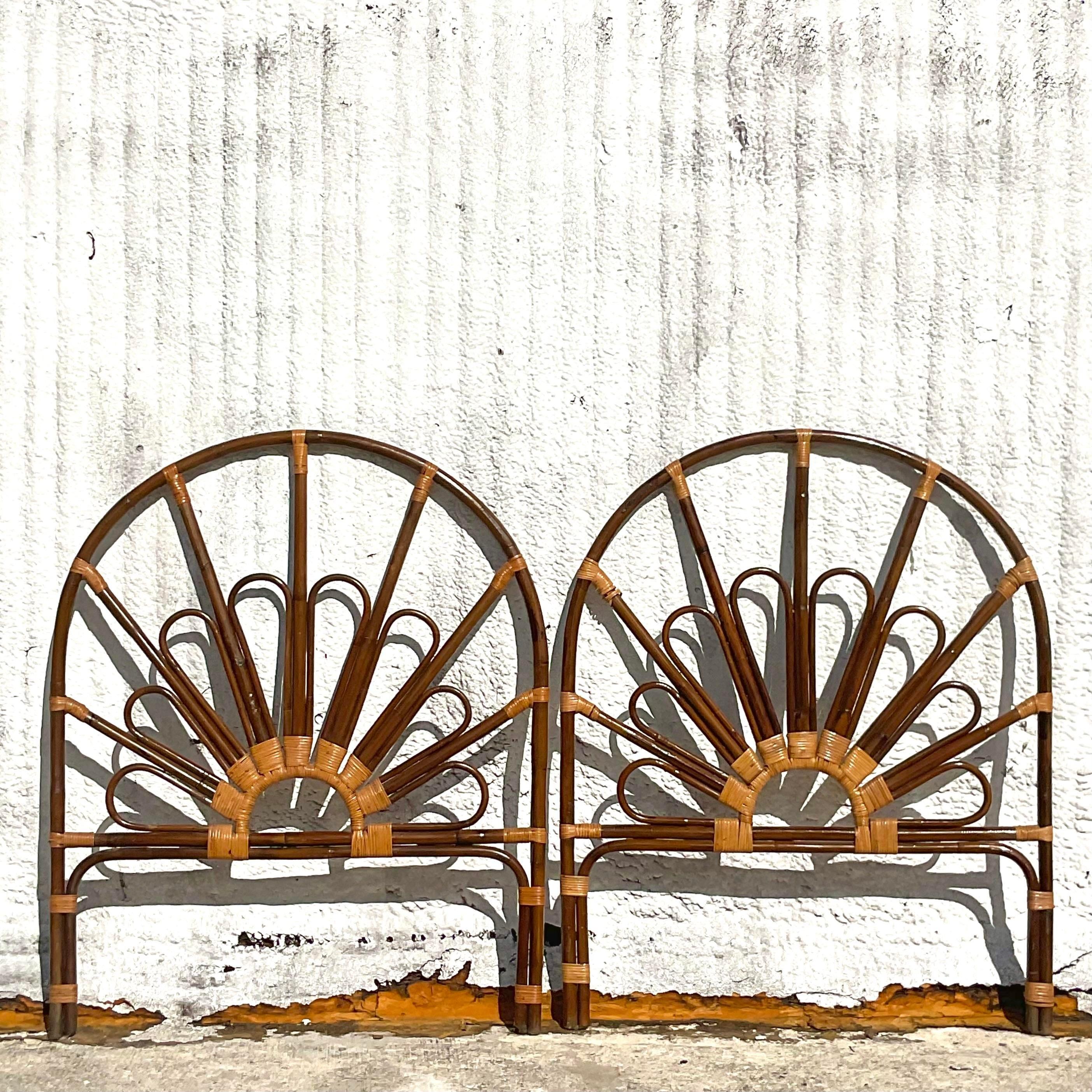 Philippine Mid 20th Century Vintage Coastal Loop Rattan Twin Headboards - a Pair