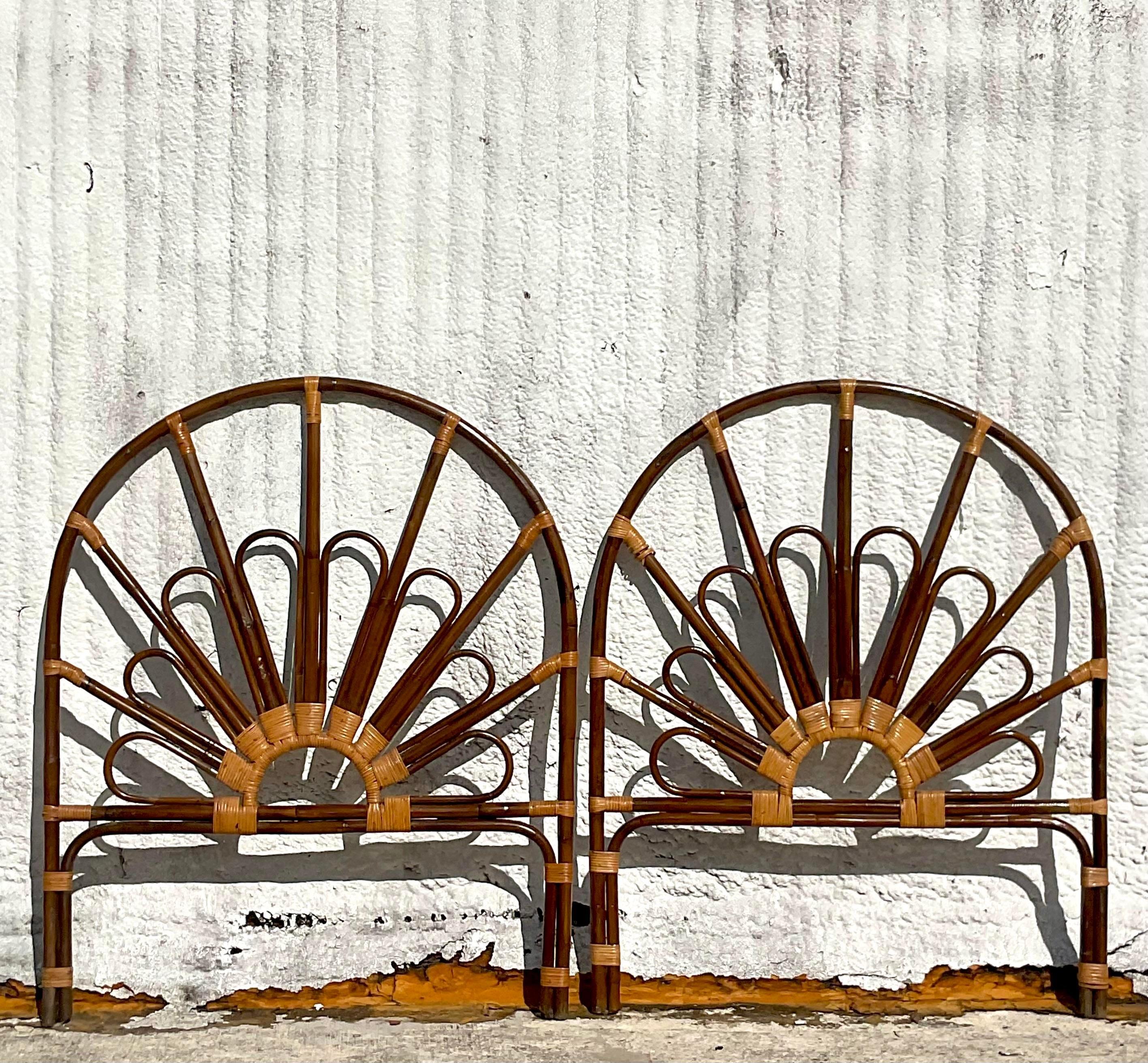 Mid 20th Century Vintage Coastal Loop Rattan Twin Headboards - a Pair In Good Condition In west palm beach, FL