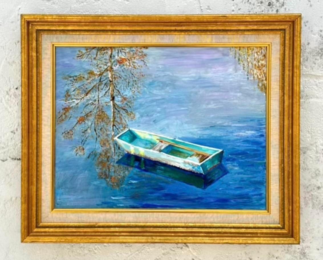 Capture the timeless charm of coastal life with this vintage original oil painting. Featuring a solitary row boat gently resting on serene waters, this piece evokes the tranquility and beauty of America's coastal shores. Rich in detail and imbued
