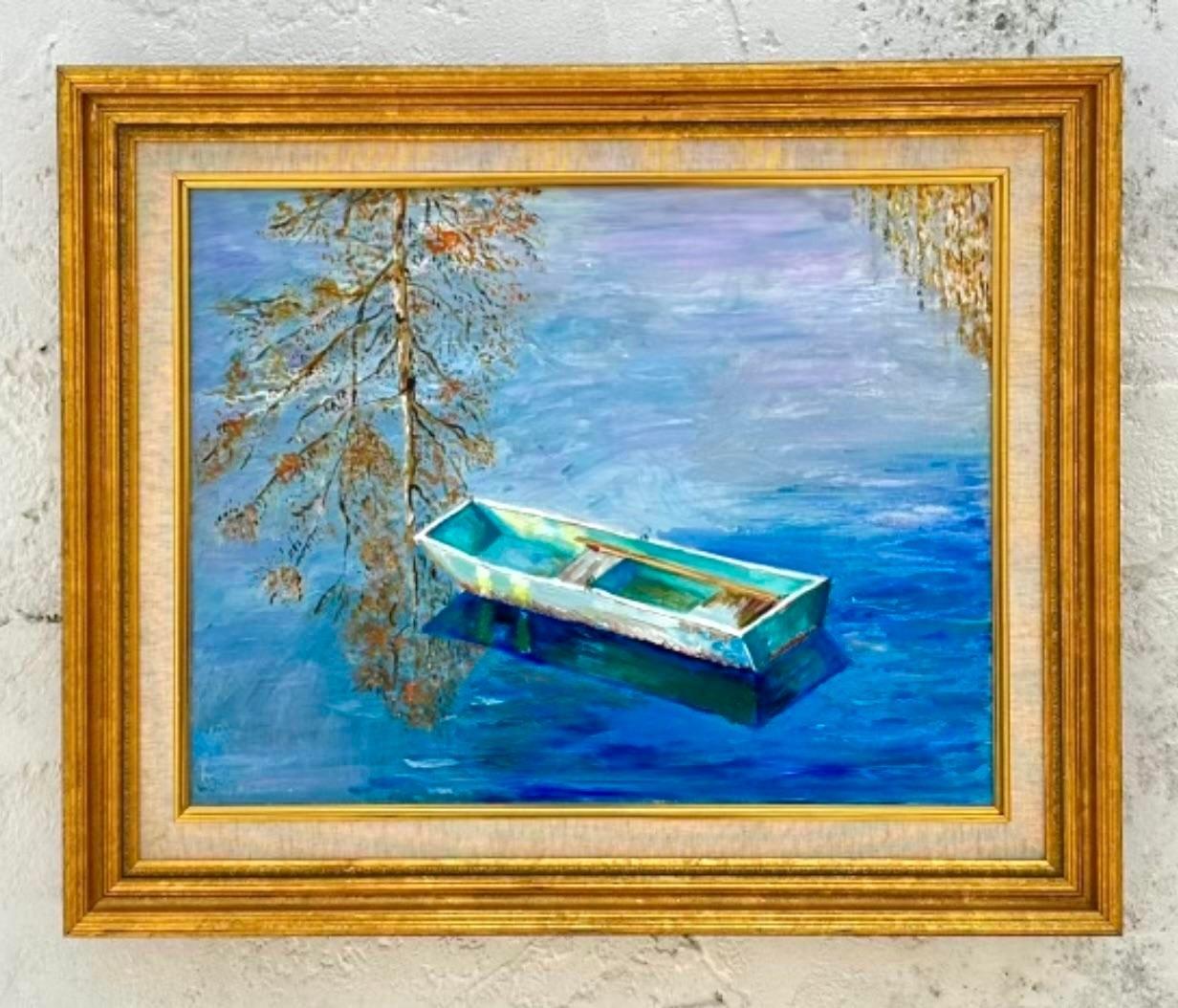 American Mid 20th Century Vintage Coastal Original Oil Painting of Rowboat, Framed For Sale