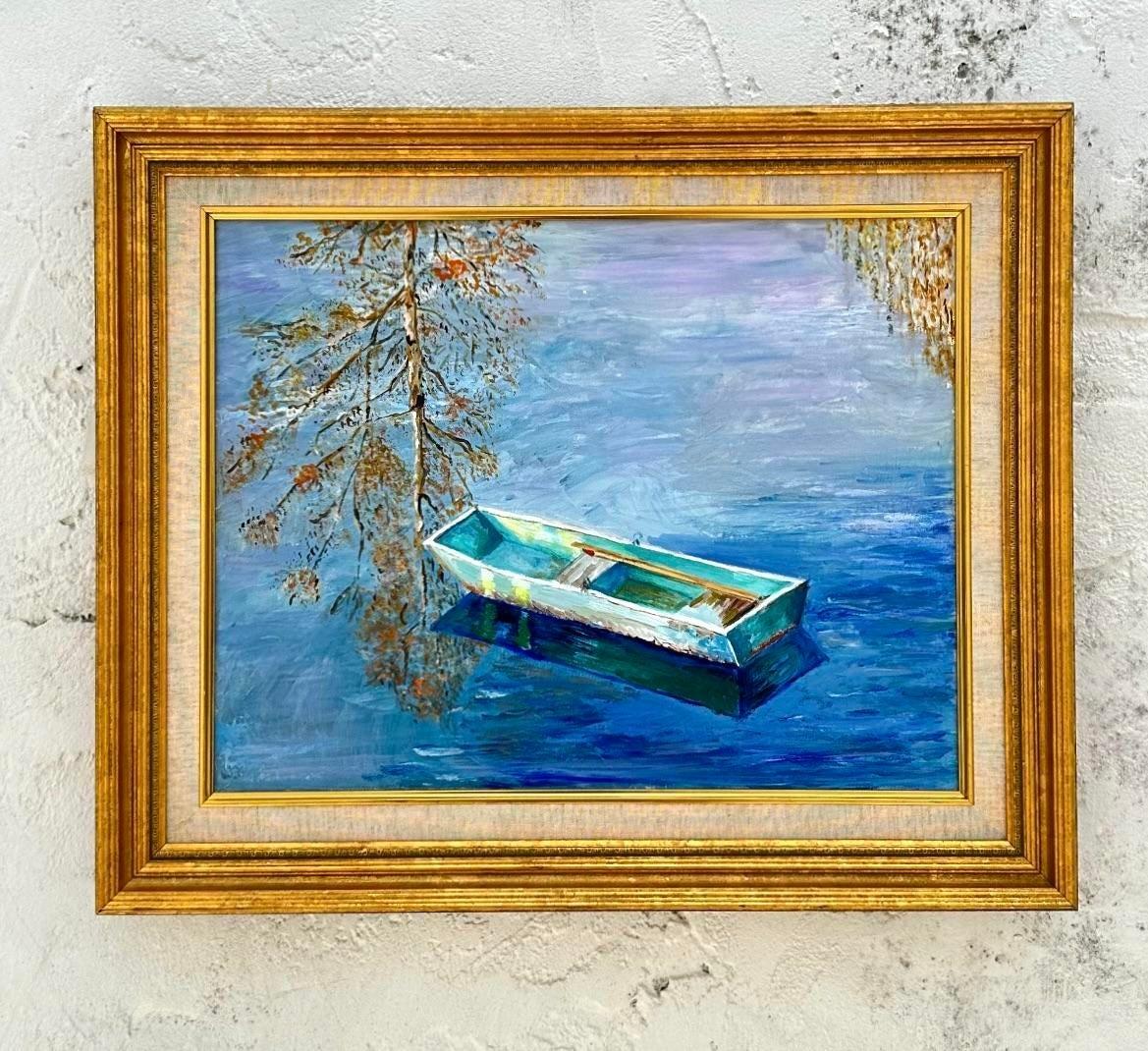 Mid 20th Century Vintage Coastal Original Oil Painting of Rowboat, Framed In Good Condition For Sale In west palm beach, FL