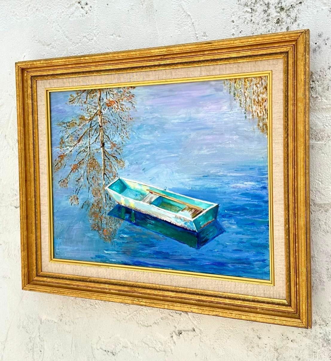 Canvas Mid 20th Century Vintage Coastal Original Oil Painting of Rowboat, Framed For Sale
