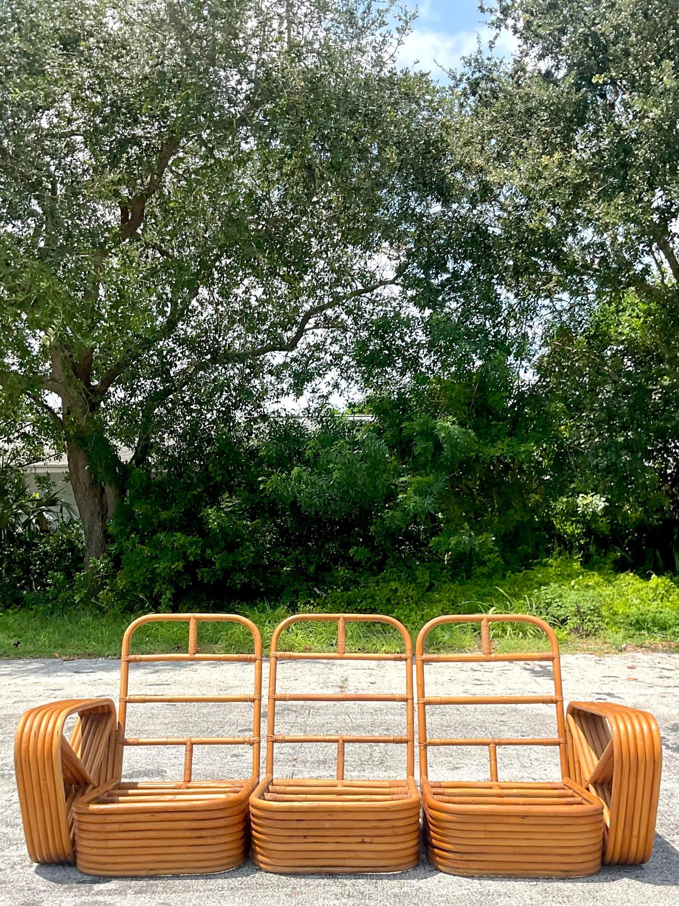 Mid 20th Century Vintage Coastal Paul Frankl 6 Strand Bent Rattan Sofa In Good Condition In west palm beach, FL