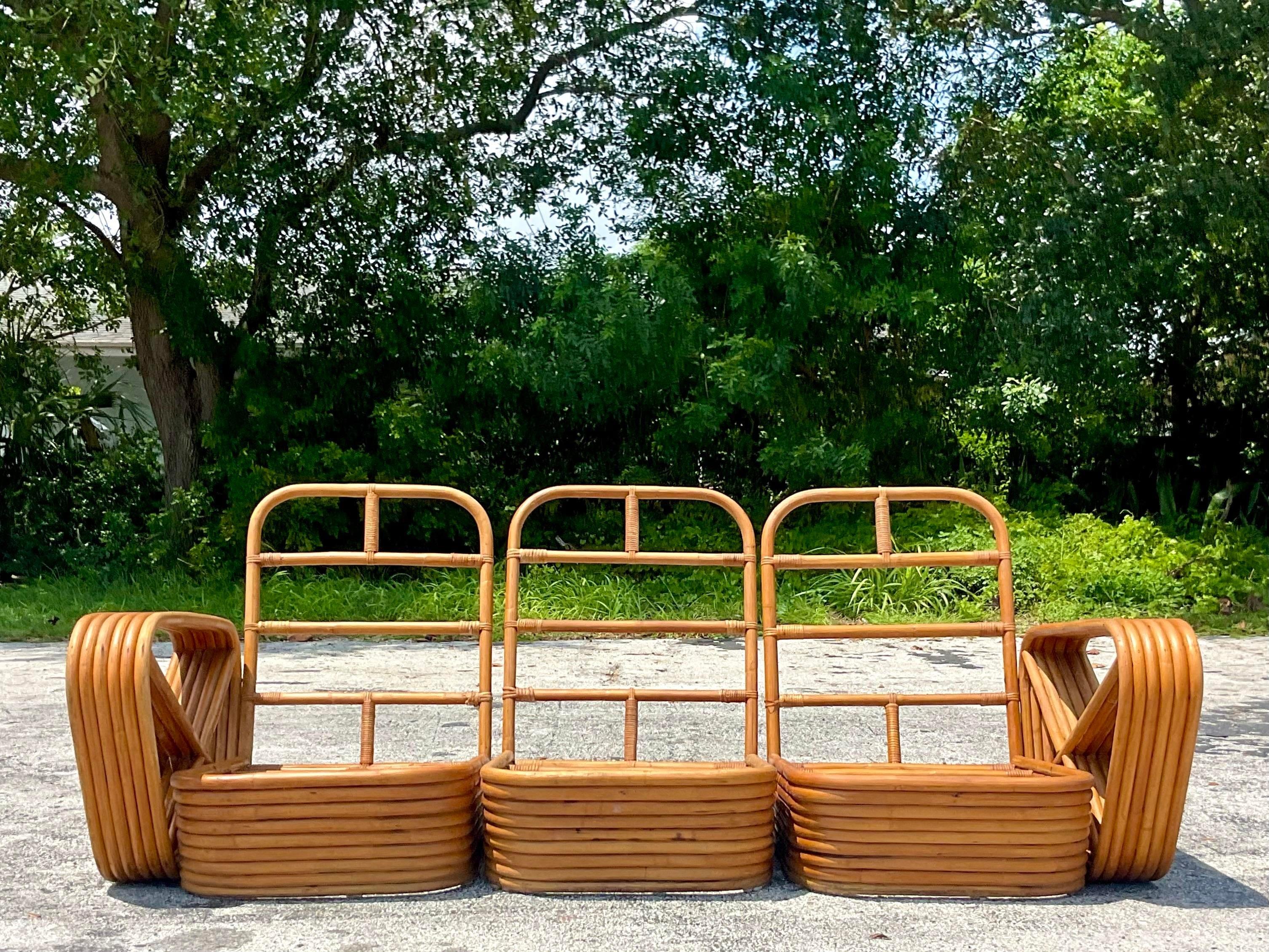 Mid 20th Century Vintage Coastal Paul Frankl 6 Strand Bent Rattan Sofa 2