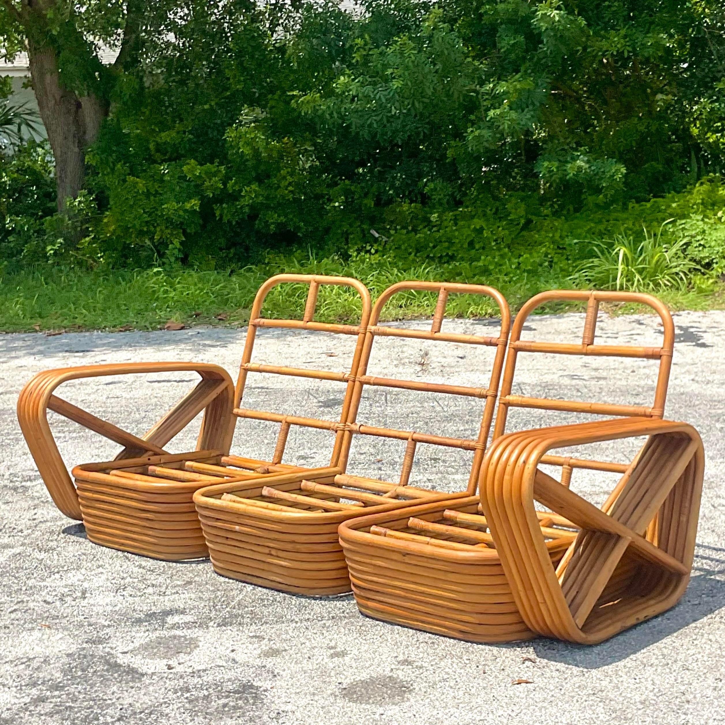 Mid 20th Century Vintage Coastal Paul Frankl 6 Strand Bent Rattan Sofa 3