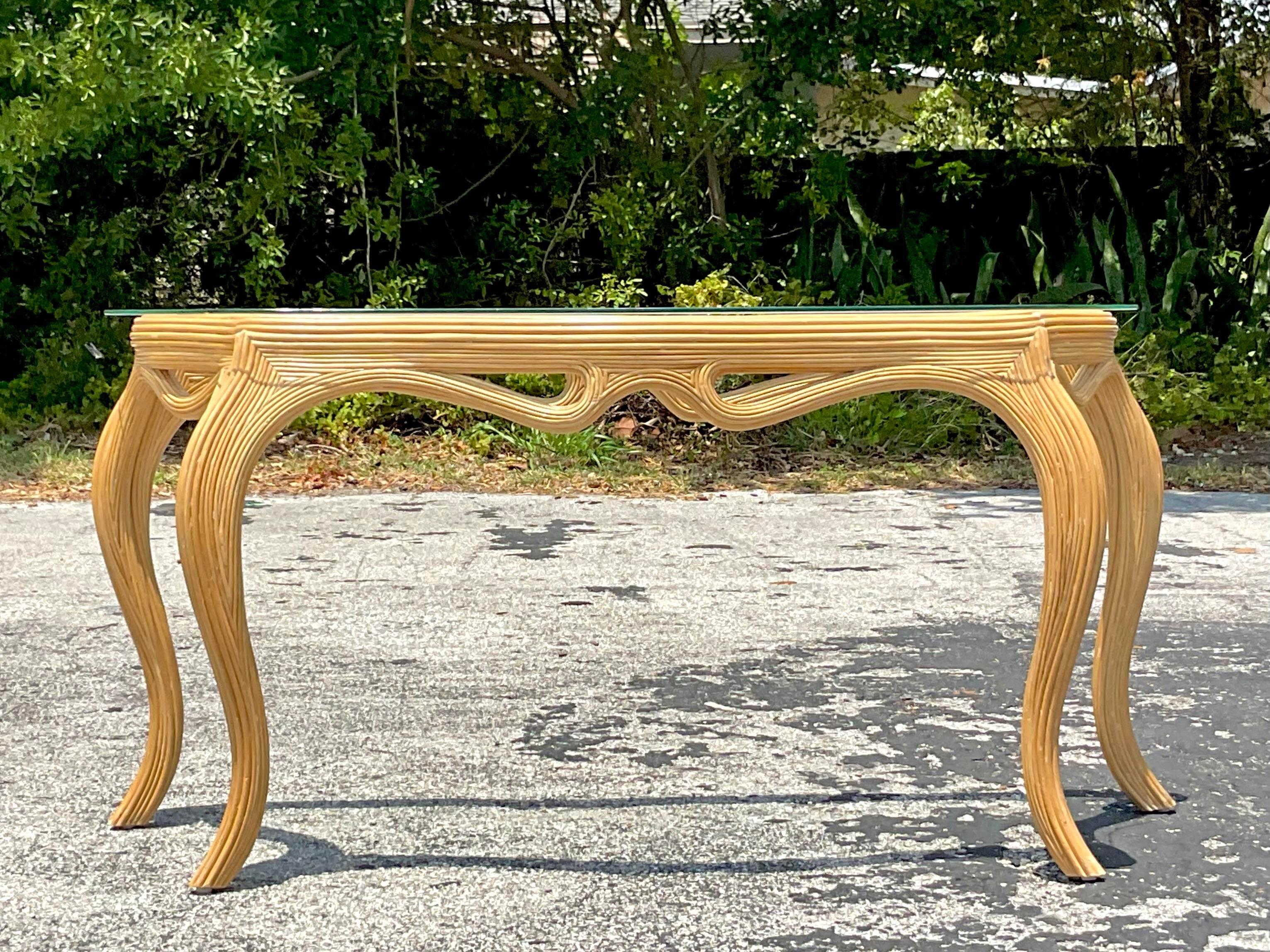 Philippine Mid 20th Century Vintage Coastal Pencil Reed Console Table For Sale