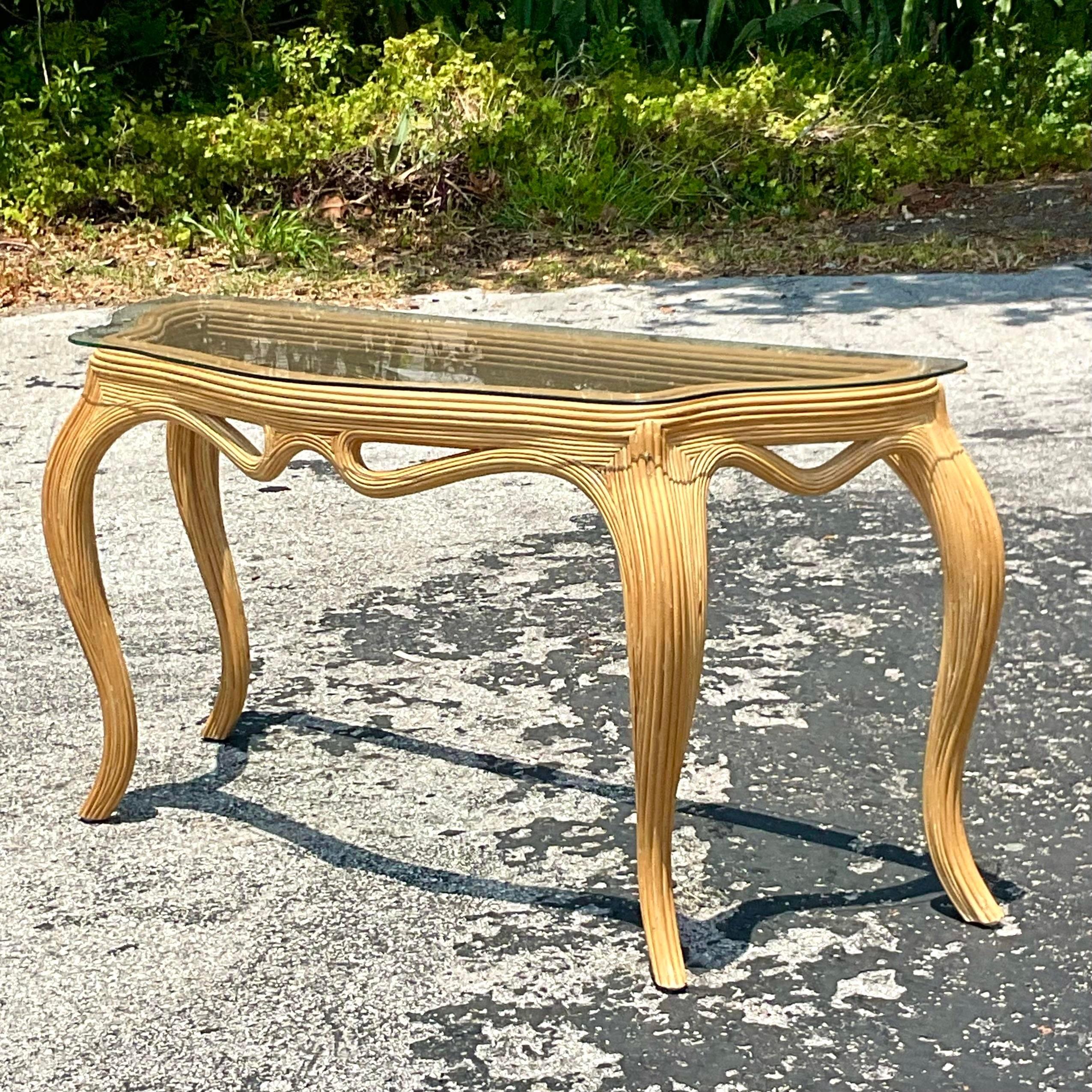 Mid 20th Century Vintage Coastal Pencil Reed Console Table For Sale 1