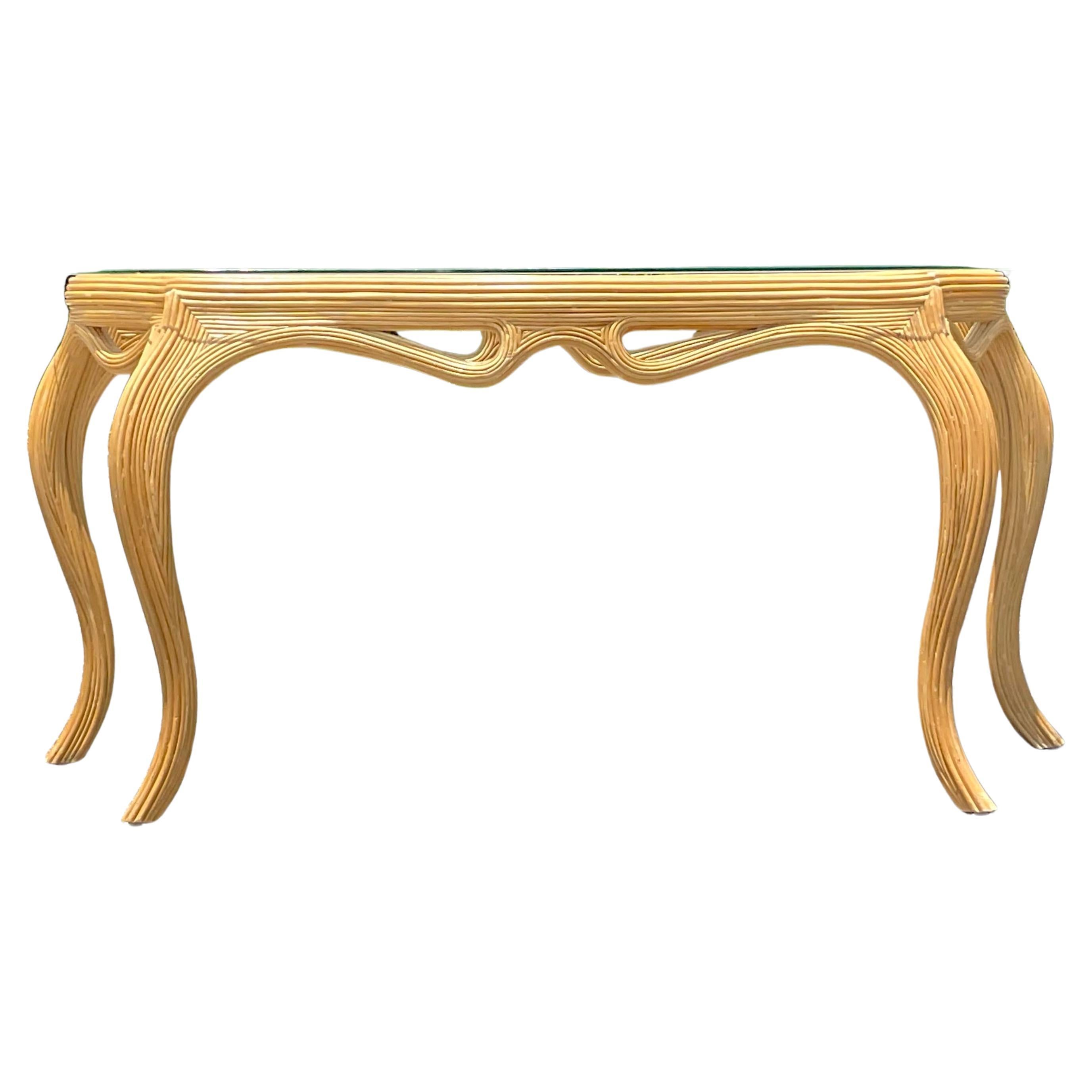 Mid 20th Century Vintage Coastal Pencil Reed Console Table For Sale