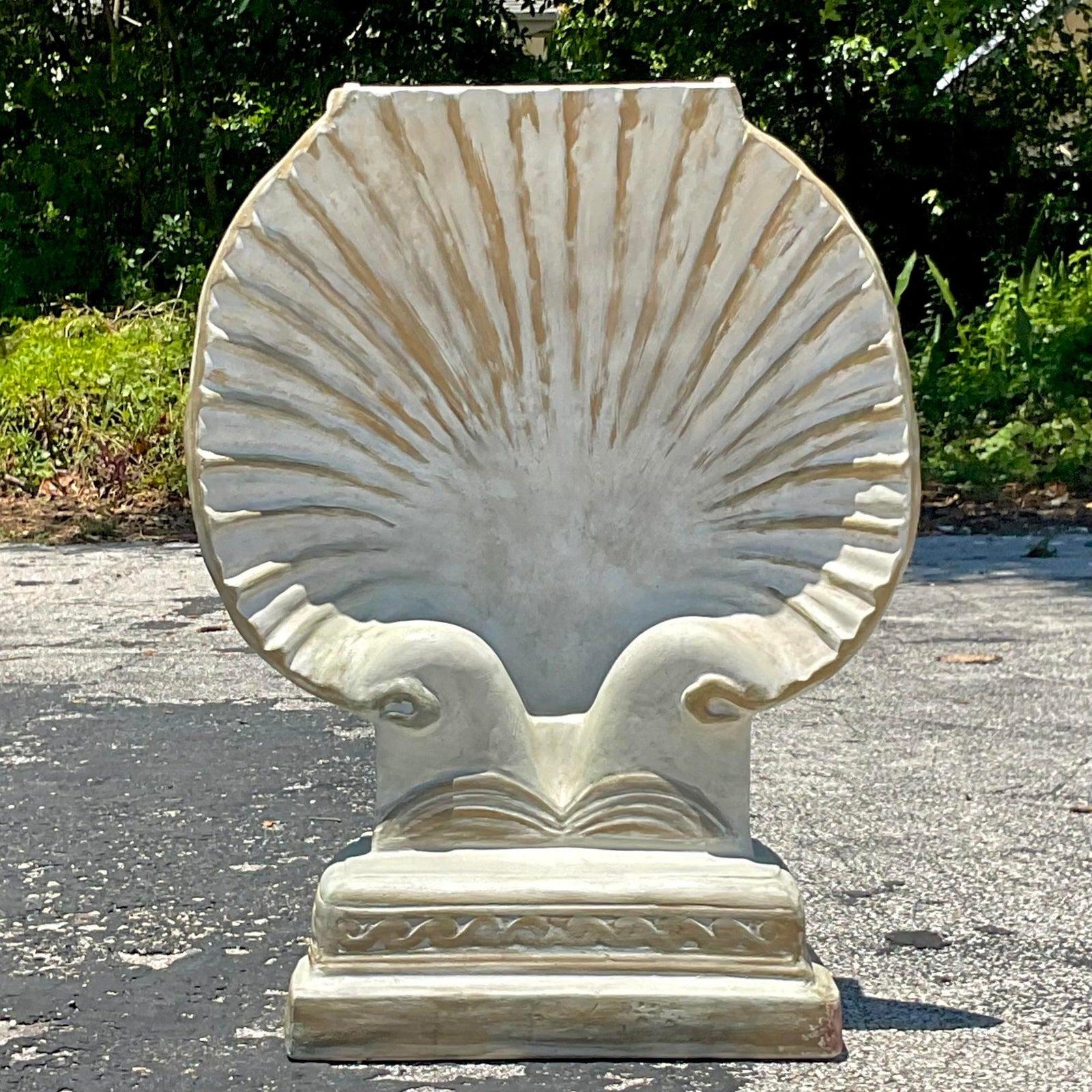 A fabulous vintage Coastal console table pedestal. A chic clam shell design in an alabaster color with gold tipping. Just add your preferred to and you are good to go. Acquired from a Palm Beach estate. 