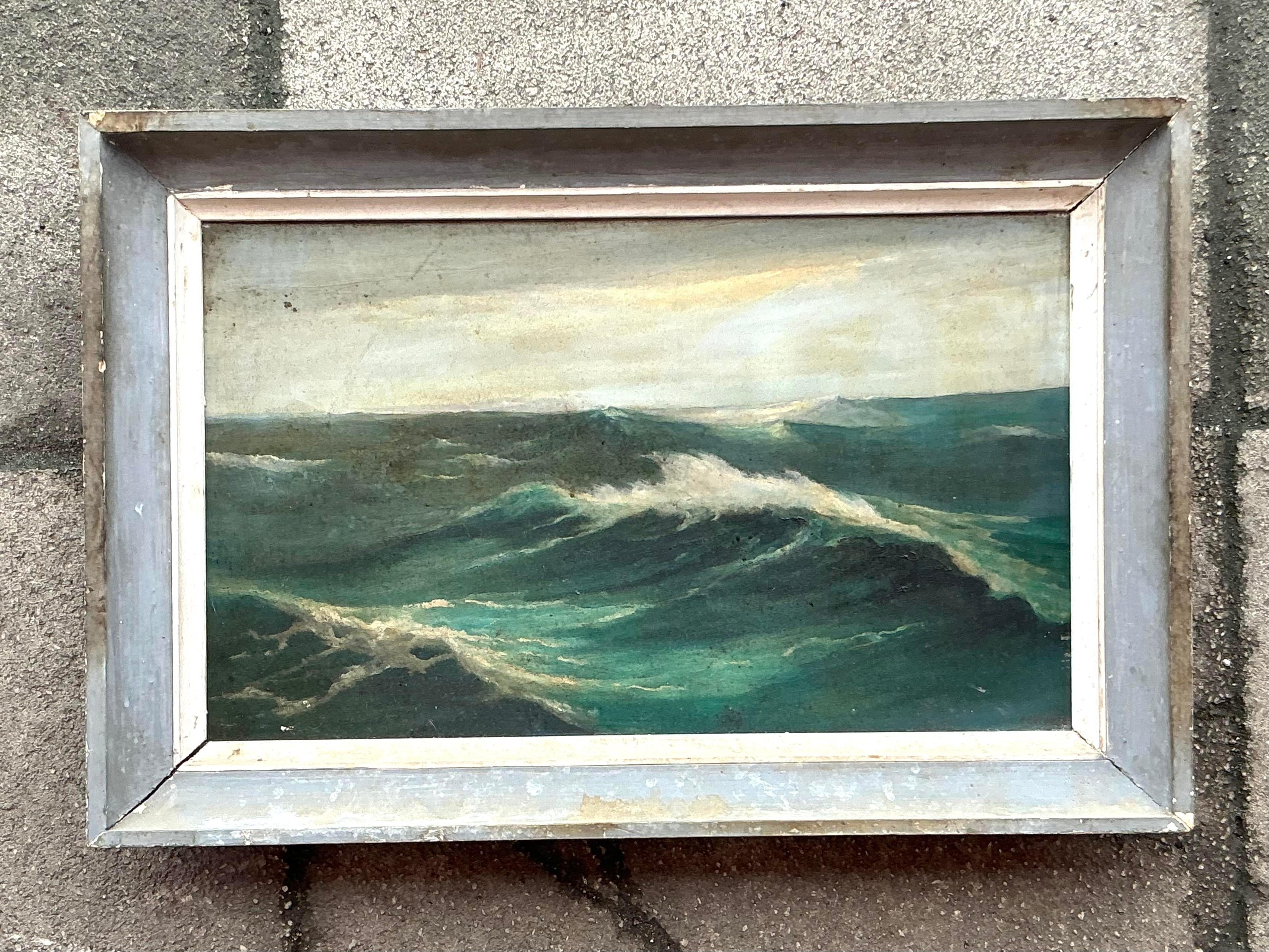 Americano Quadro ad olio originale con paesaggio marino, incorniciato, della metà del XX secolo.