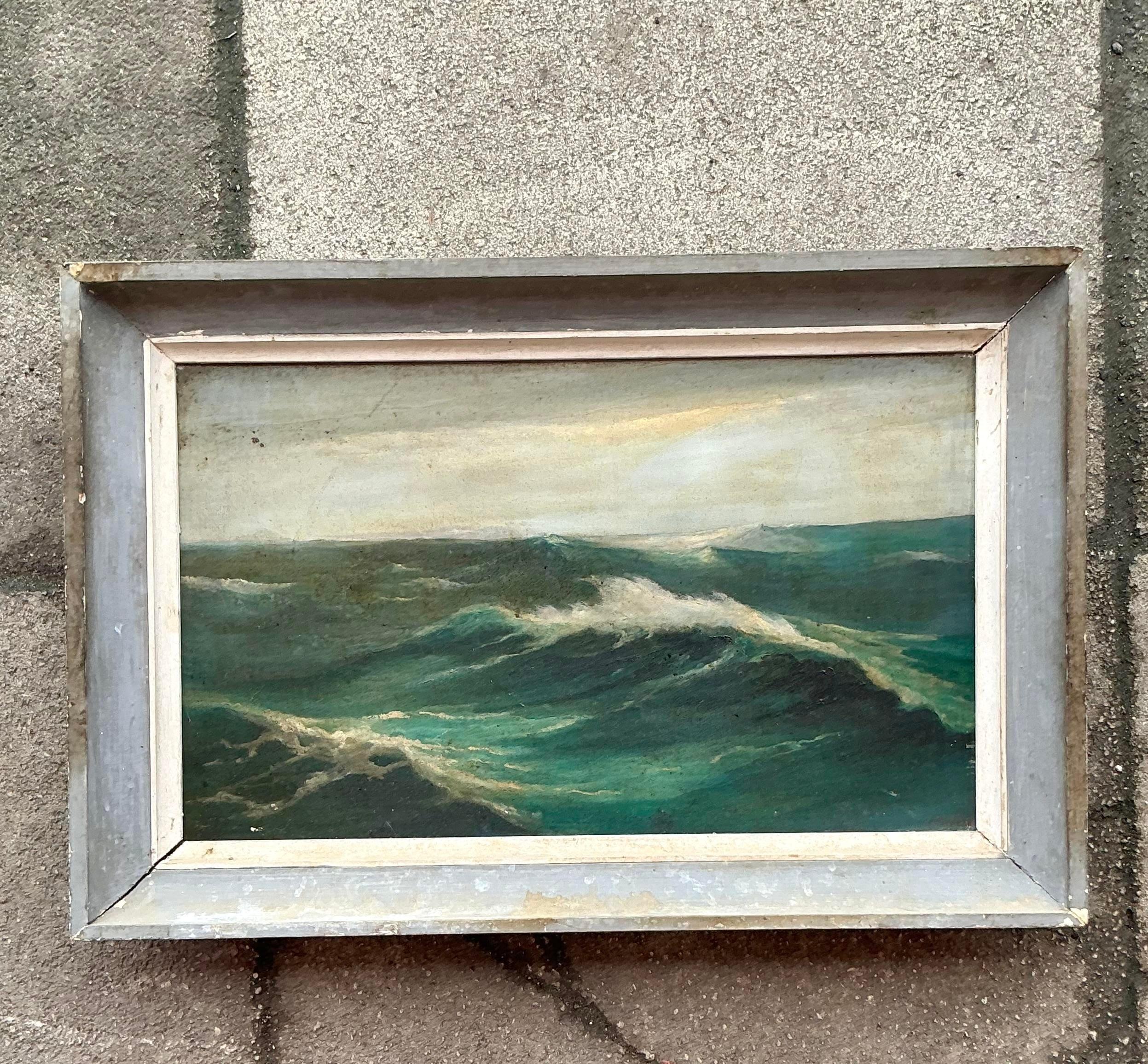 Tela Quadro ad olio originale con paesaggio marino, incorniciato, della metà del XX secolo.