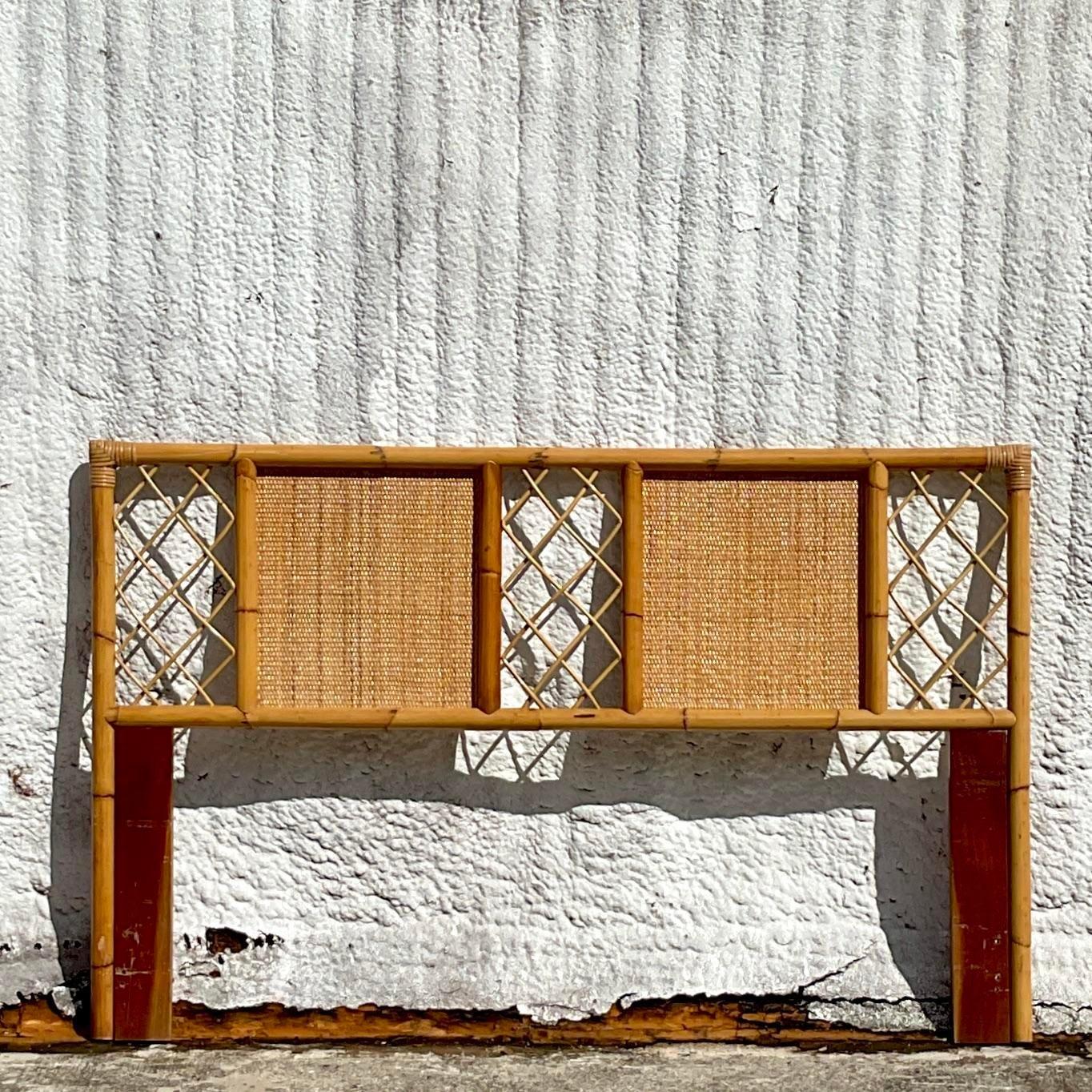 Philippine Mid 20th Century Vintage Coastal Rattan and Grasscloth Queen Headboard