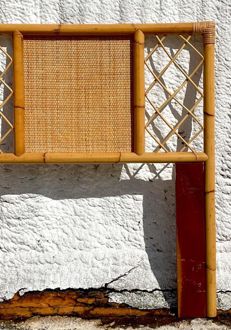 Mid 20th Century Vintage Coastal Rattan and Grasscloth Queen Headboard In Good Condition In west palm beach, FL