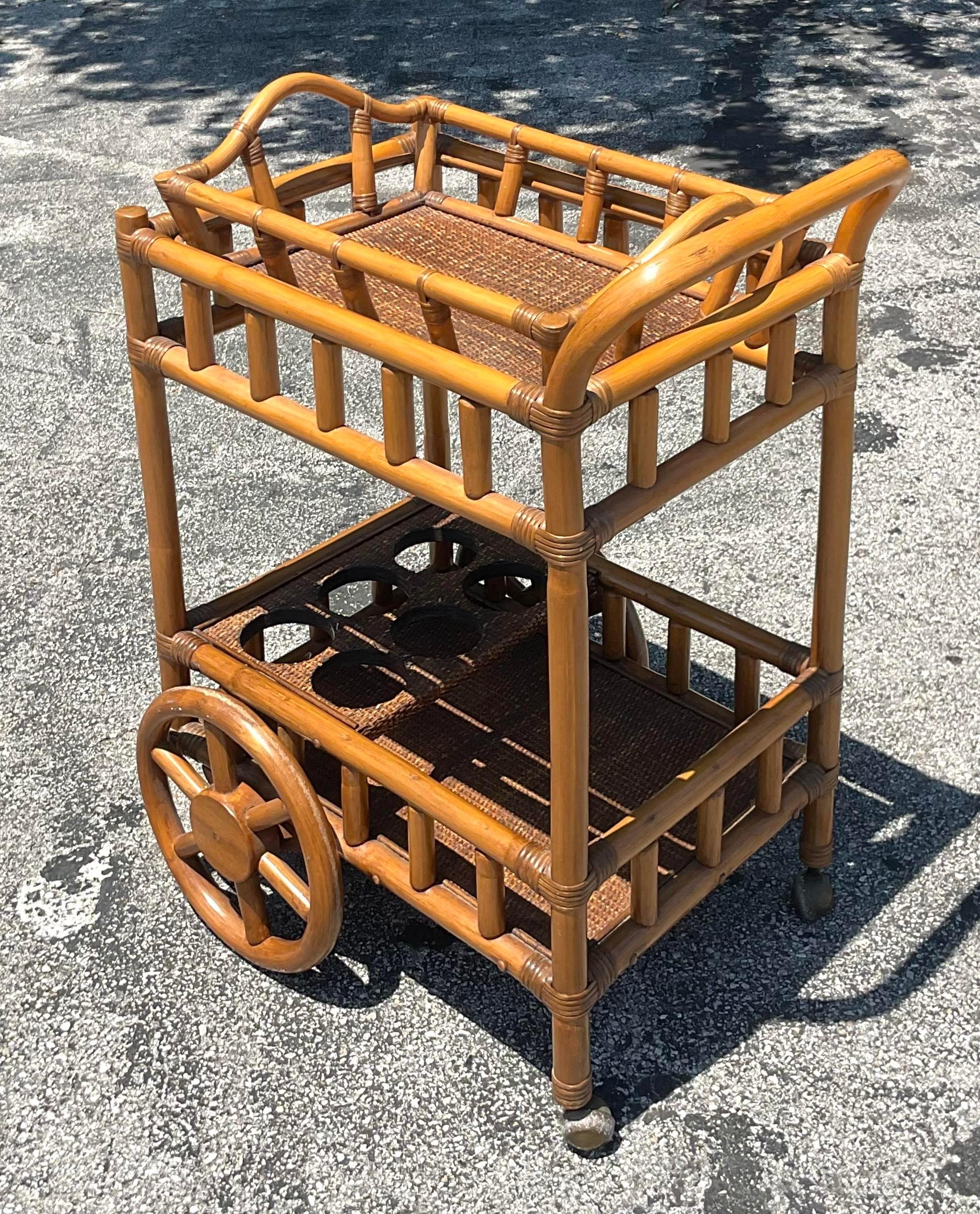 Servez les vibrations du bord de mer avec notre chariot de bar en rotin Vintage Coastal. Fabriqué en rotin naturel, ce chariot de bar exsude le charme côtier et la fonctionnalité. Un ajout élégant qui combine sans effort la praticité américaine et