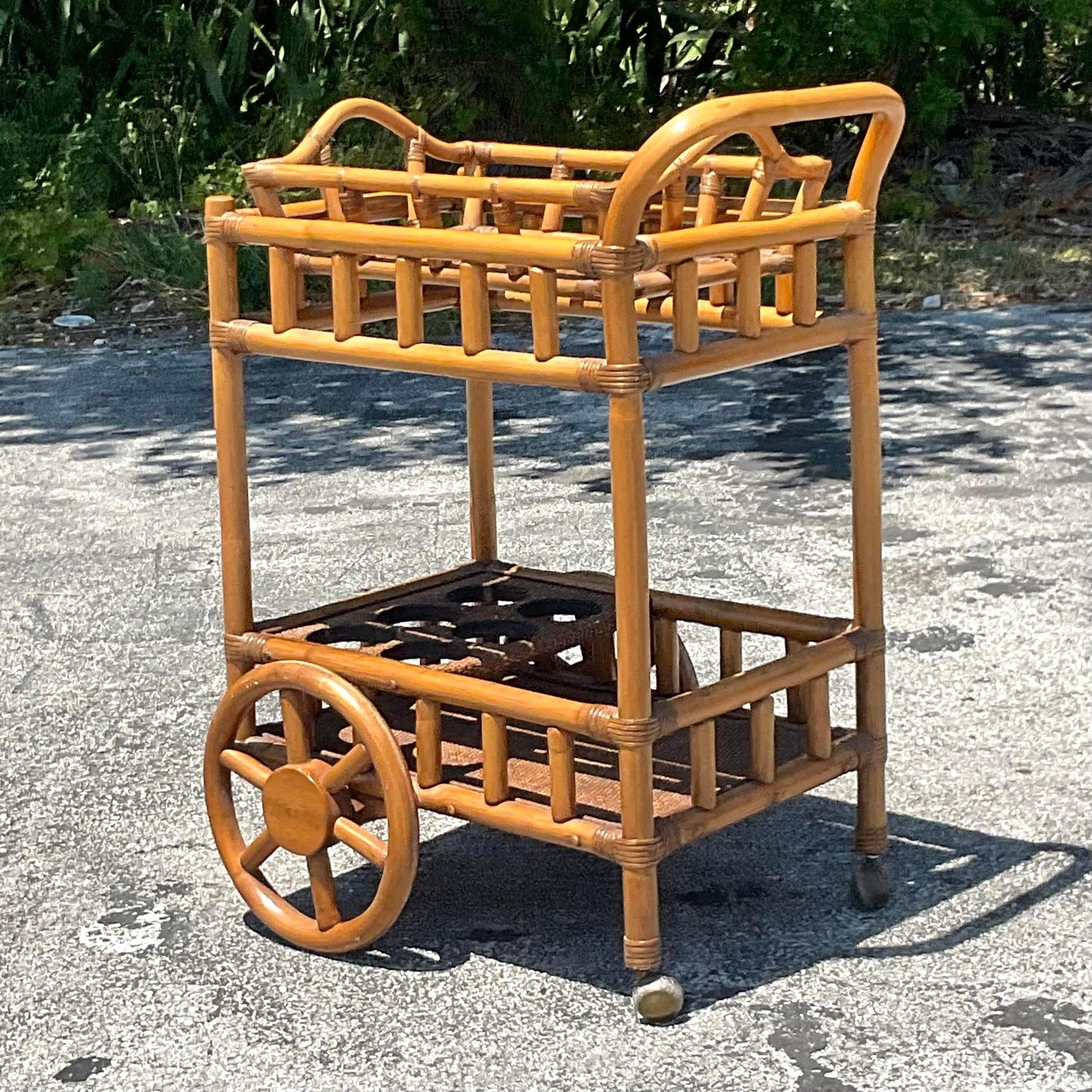 Mid 20th Century Vintage Coastal Rattan Bar Cart In Good Condition For Sale In west palm beach, FL