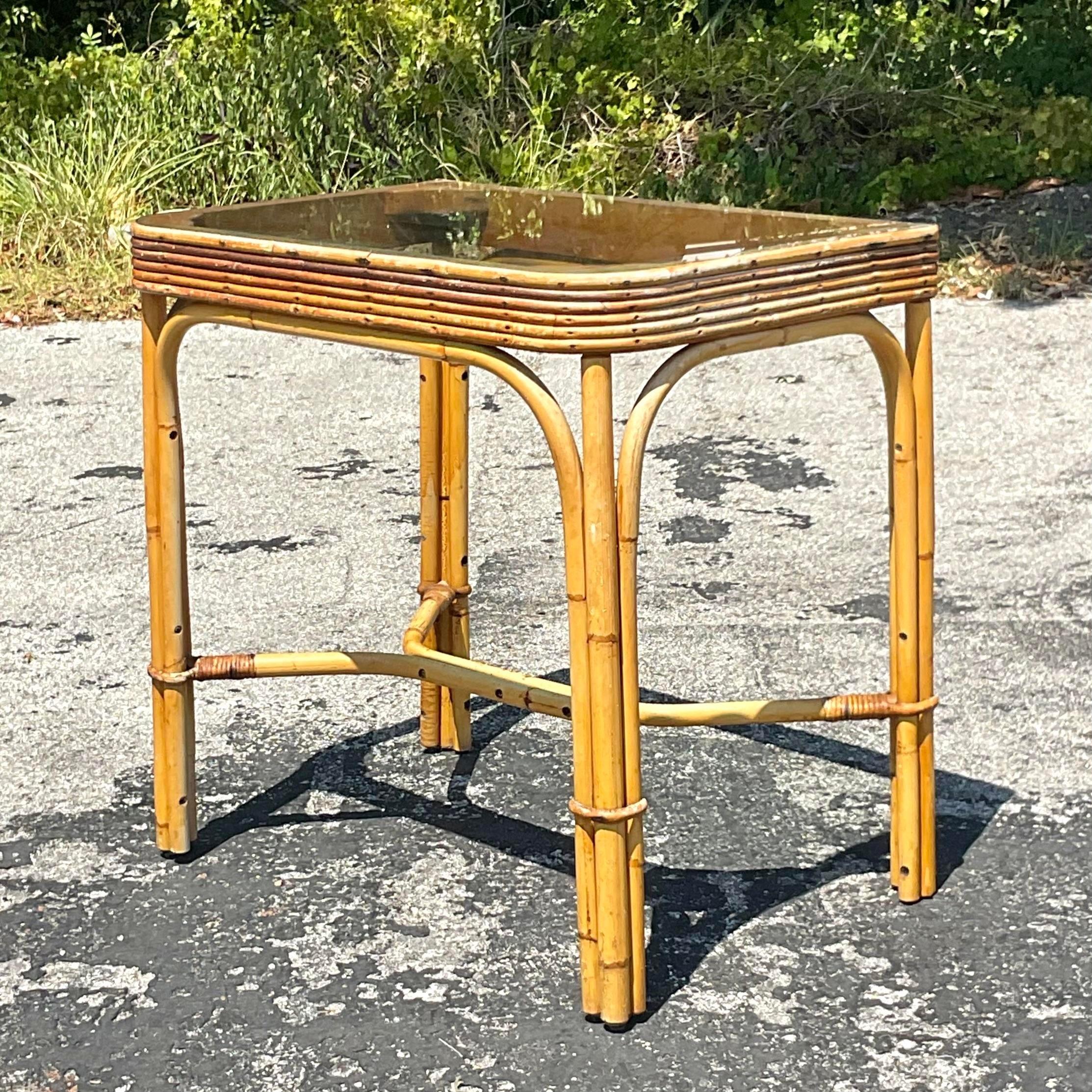 Mid 20th Century Vintage Coastal Stacked Rattan Console Table In Good Condition For Sale In west palm beach, FL