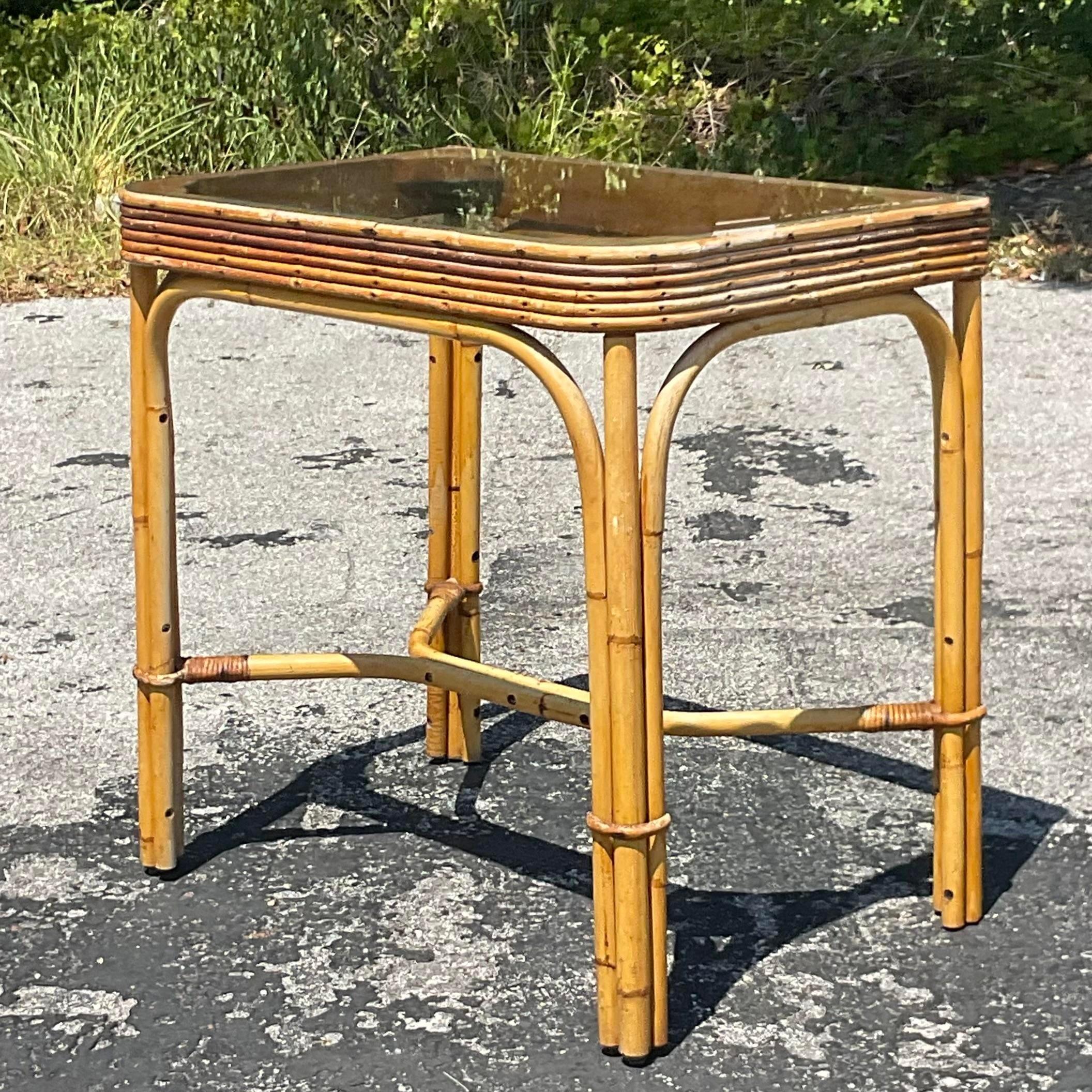Mid 20th Century Vintage Coastal Stacked Rattan Console Table 1