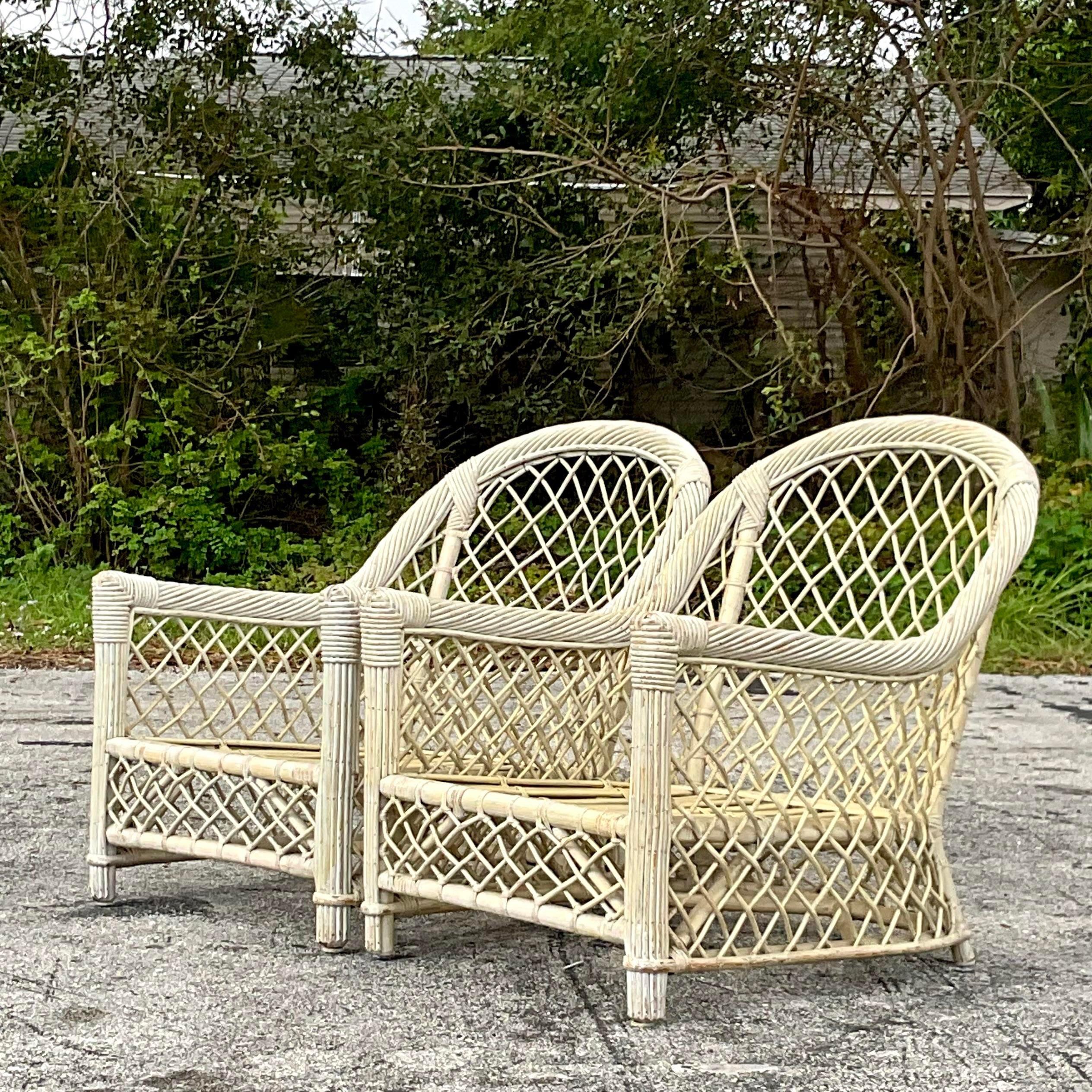 Mid 20th Century Vintage Coastal Trellis Rattan Lounge Chairs - a Pair In Good Condition For Sale In west palm beach, FL