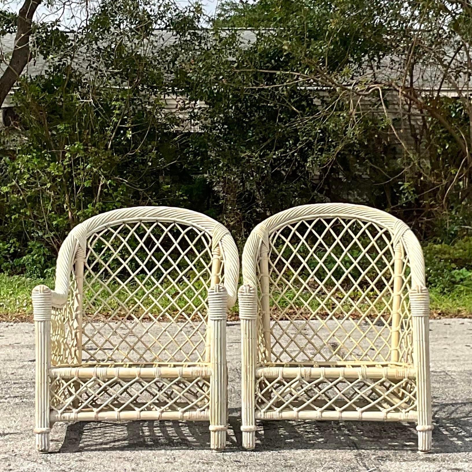 Mid 20th Century Vintage Coastal Trellis Rattan Lounge Chairs - a Pair For Sale 1
