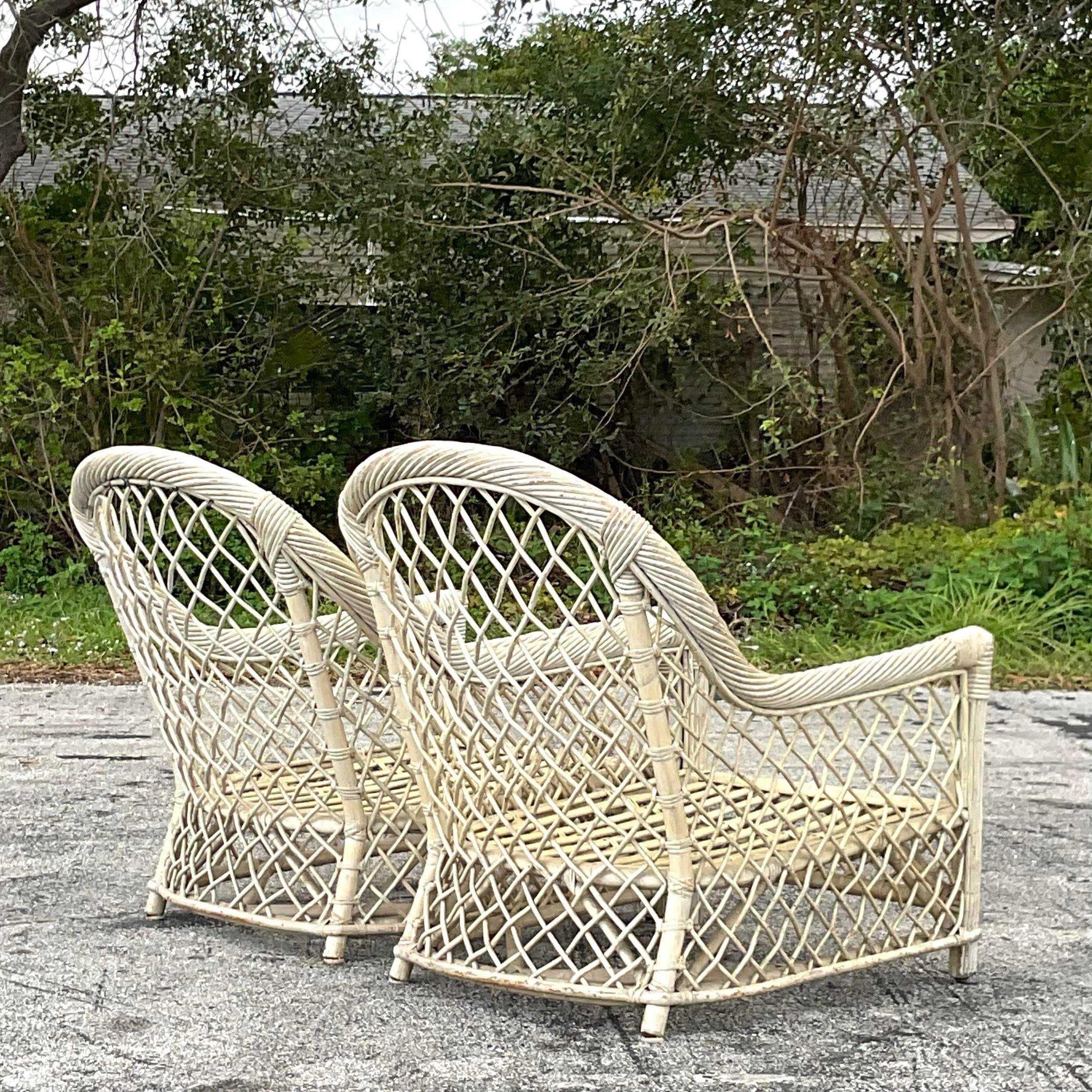 Mid 20th Century Vintage Coastal Trellis Rattan Lounge Chairs - a Pair For Sale 3