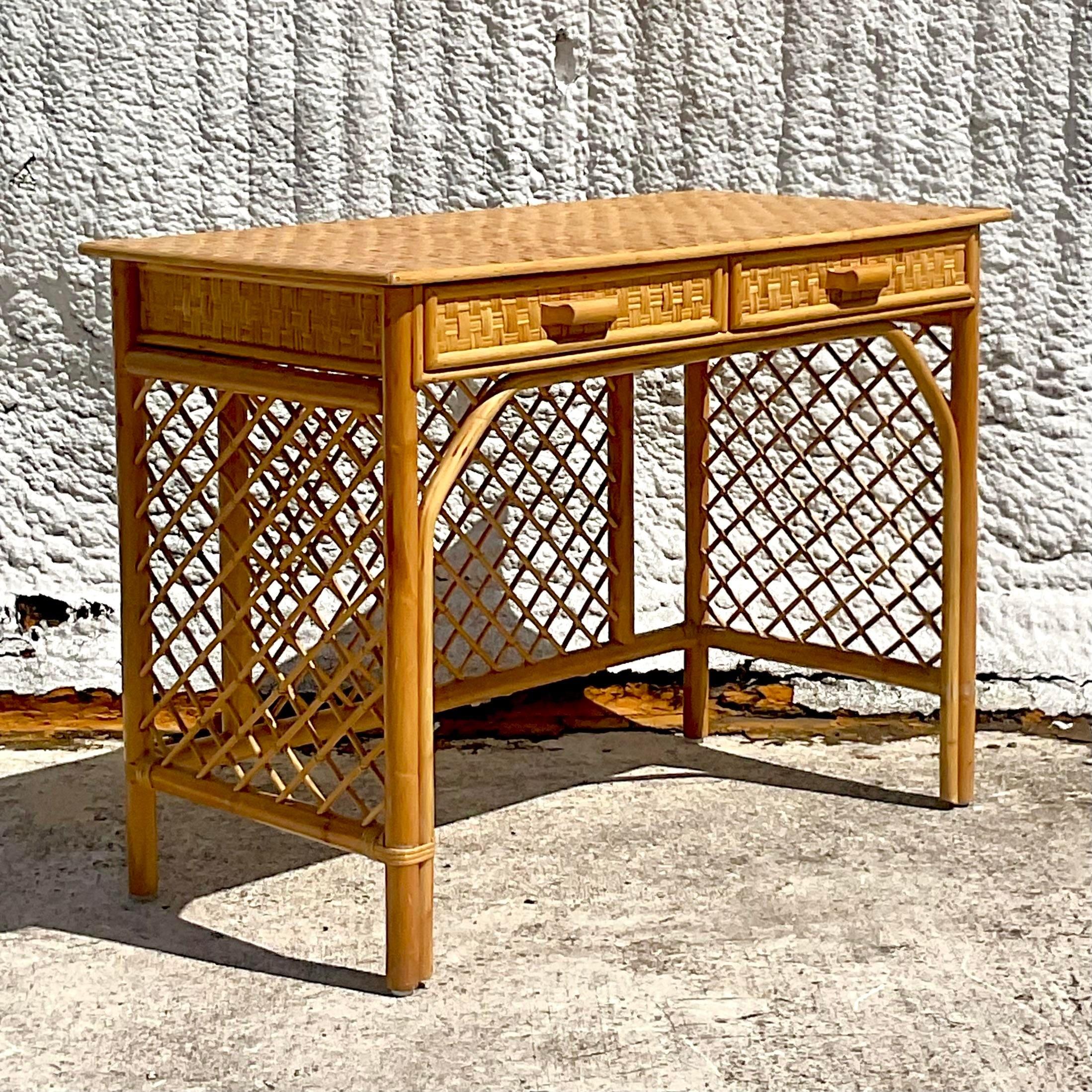 Mid 20th Century Vintage Coastal Trellis Rattan Writing Desk In Good Condition For Sale In west palm beach, FL