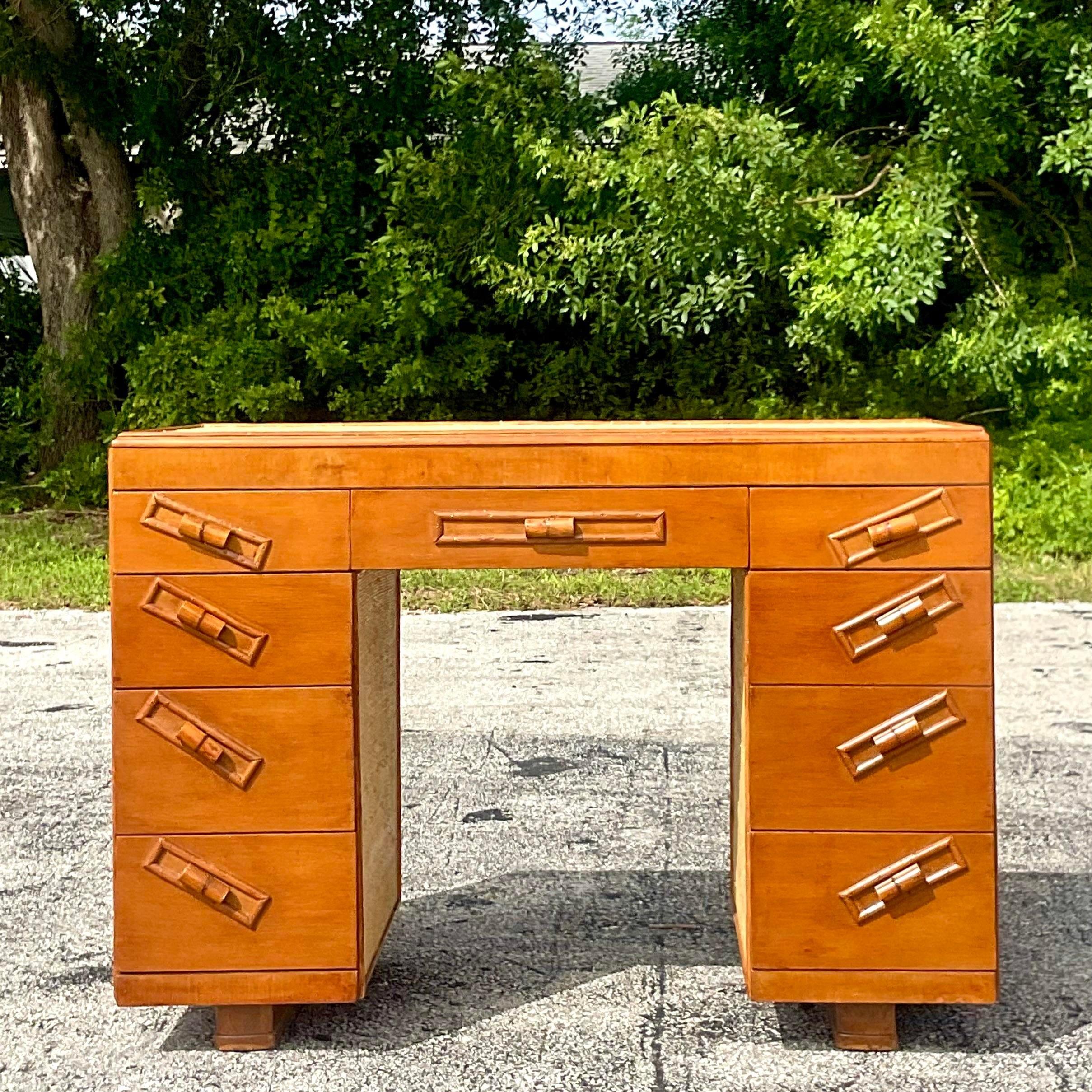 Mid 20th Century Vintage Coastal Wood and Grasscloth Desk In Good Condition In west palm beach, FL