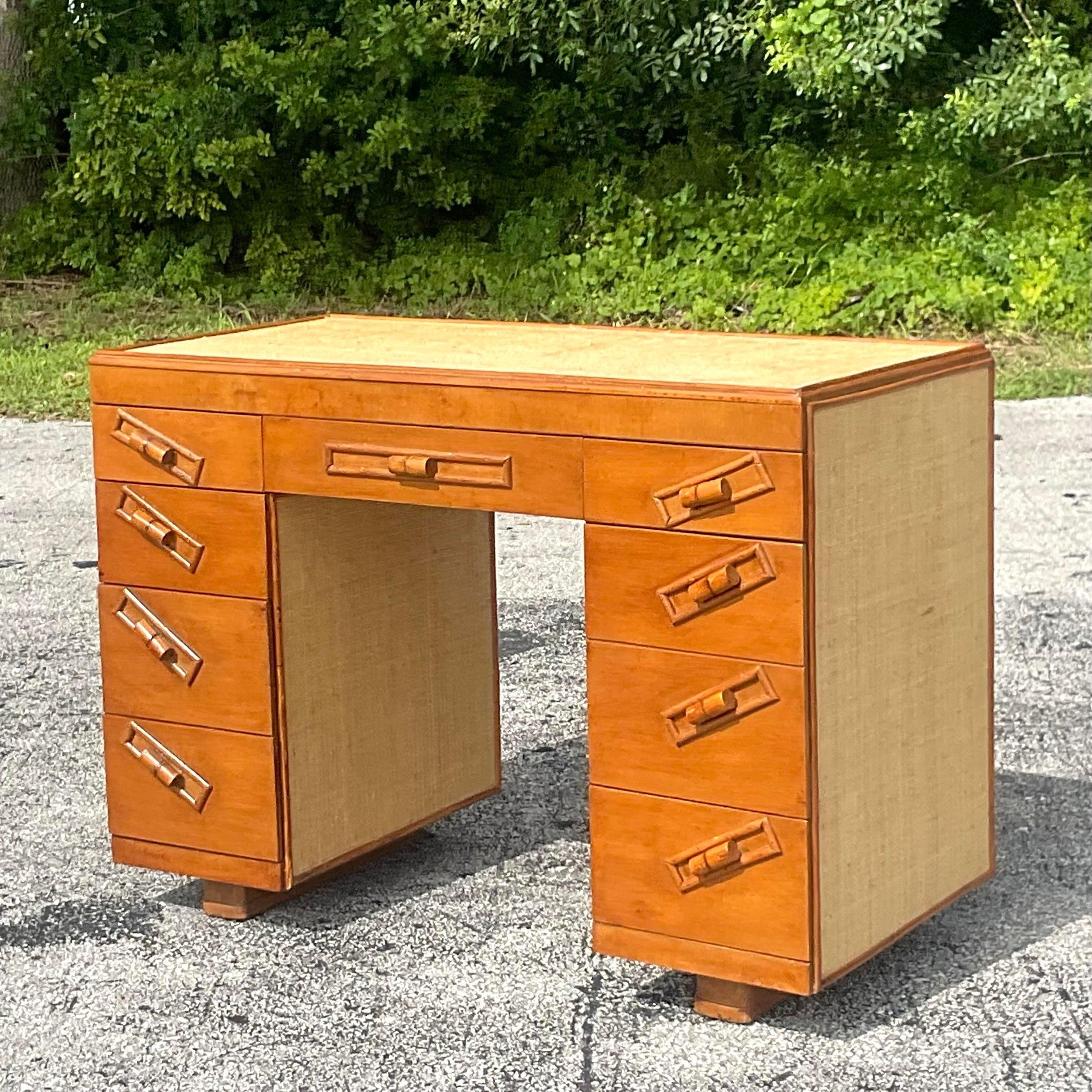 Raffia Mid 20th Century Vintage Coastal Wood and Grasscloth Desk