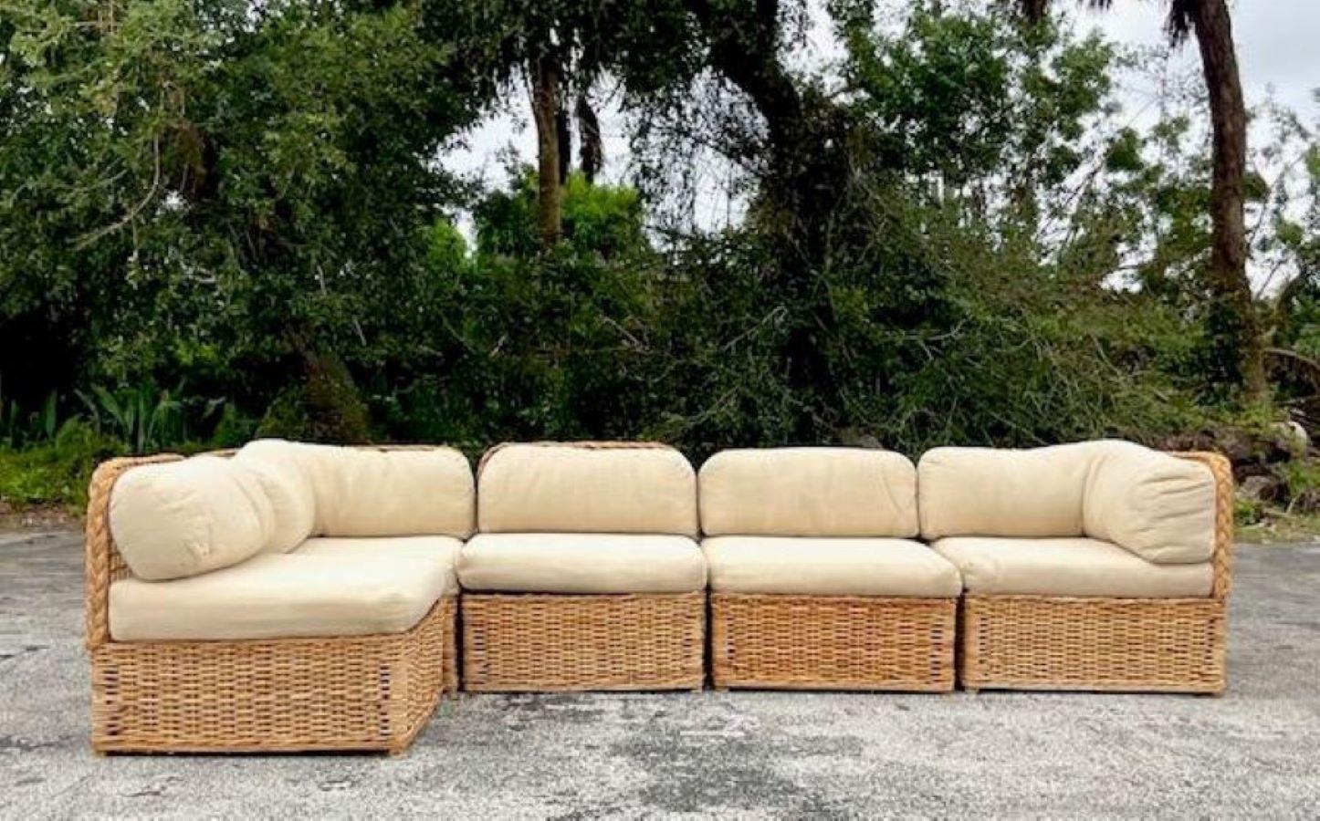 North American Mid 20th Century Vintage Coastal Woven Rattan Sectional For Sale