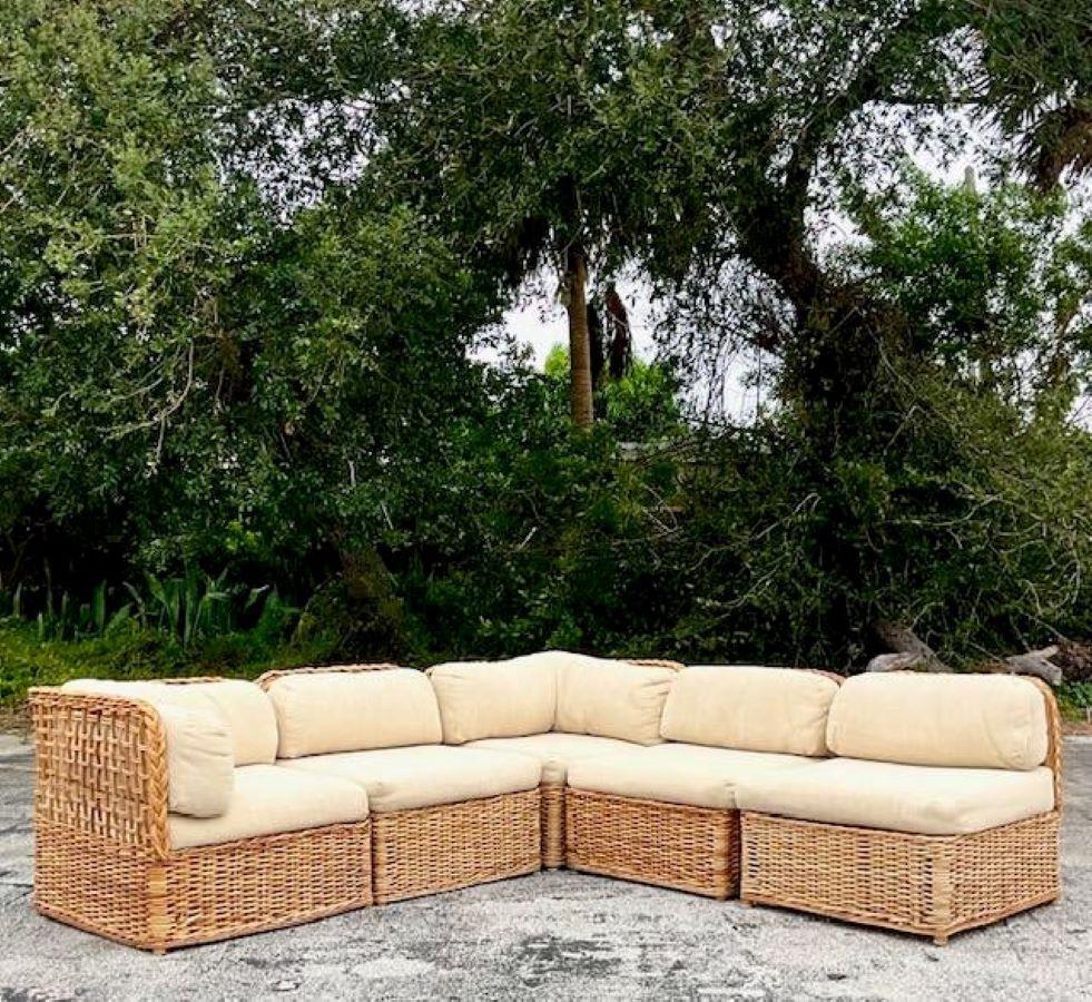 North American Mid 20th Century Vintage Coastal Woven Rattan Sectional For Sale