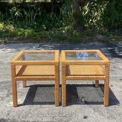 Mid 20th Century Vintage Coastal Woven Rattan Side Tables - Pair of 2