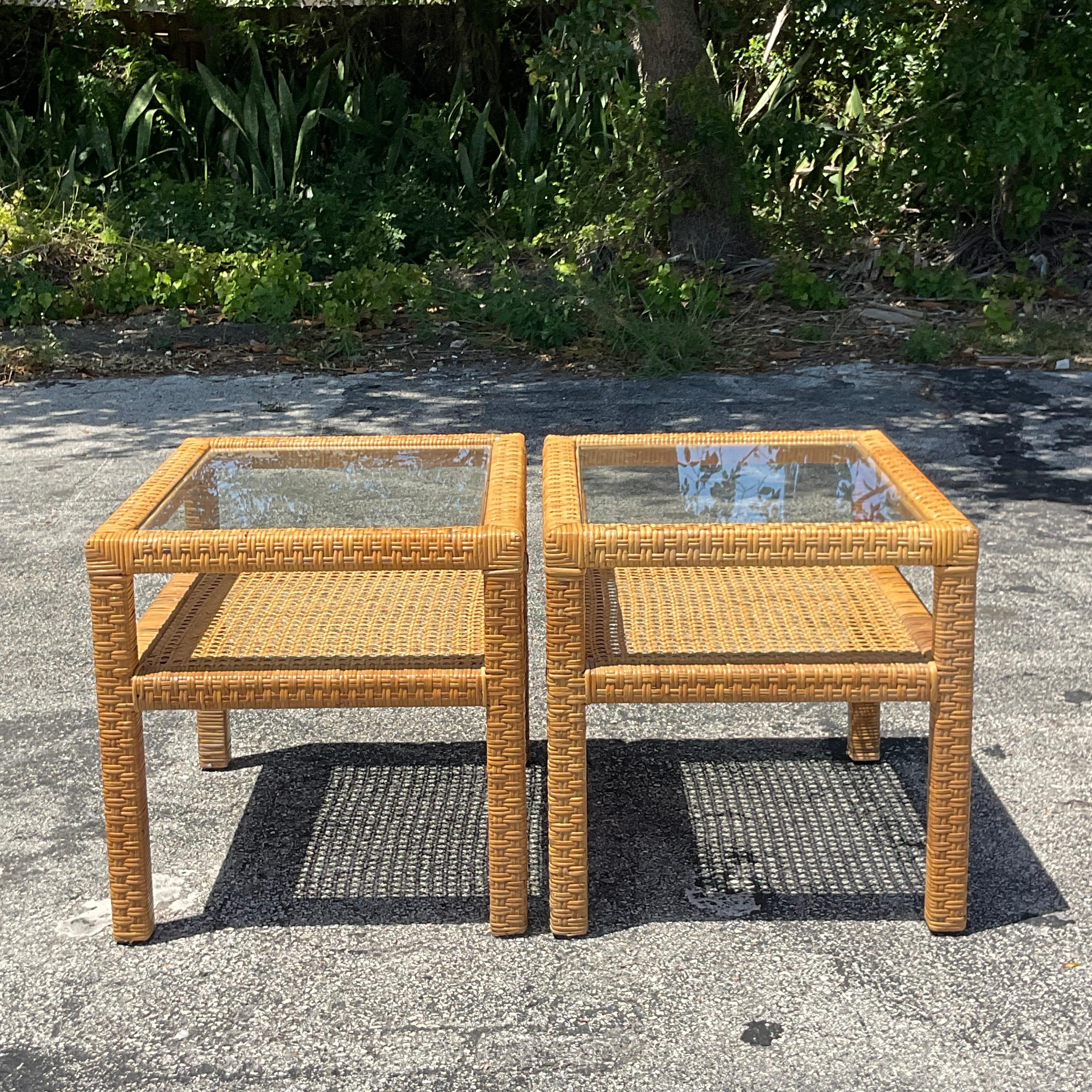 Philippine Mid 20th Century Vintage Coastal Woven Rattan Side Tables - Pair of 2 For Sale