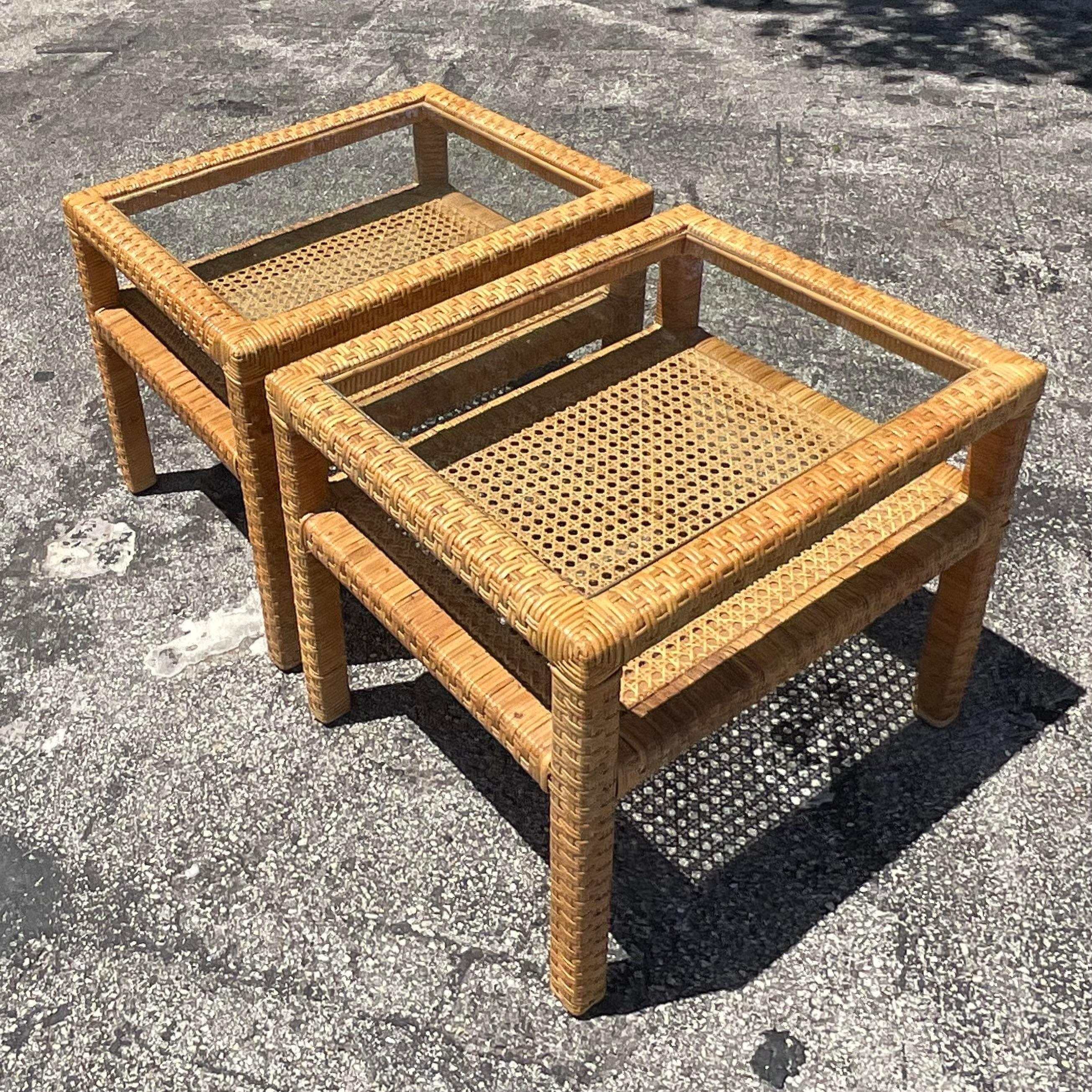 Mid 20th Century Vintage Coastal Woven Rattan Side Tables - Pair of 2 In Good Condition For Sale In west palm beach, FL