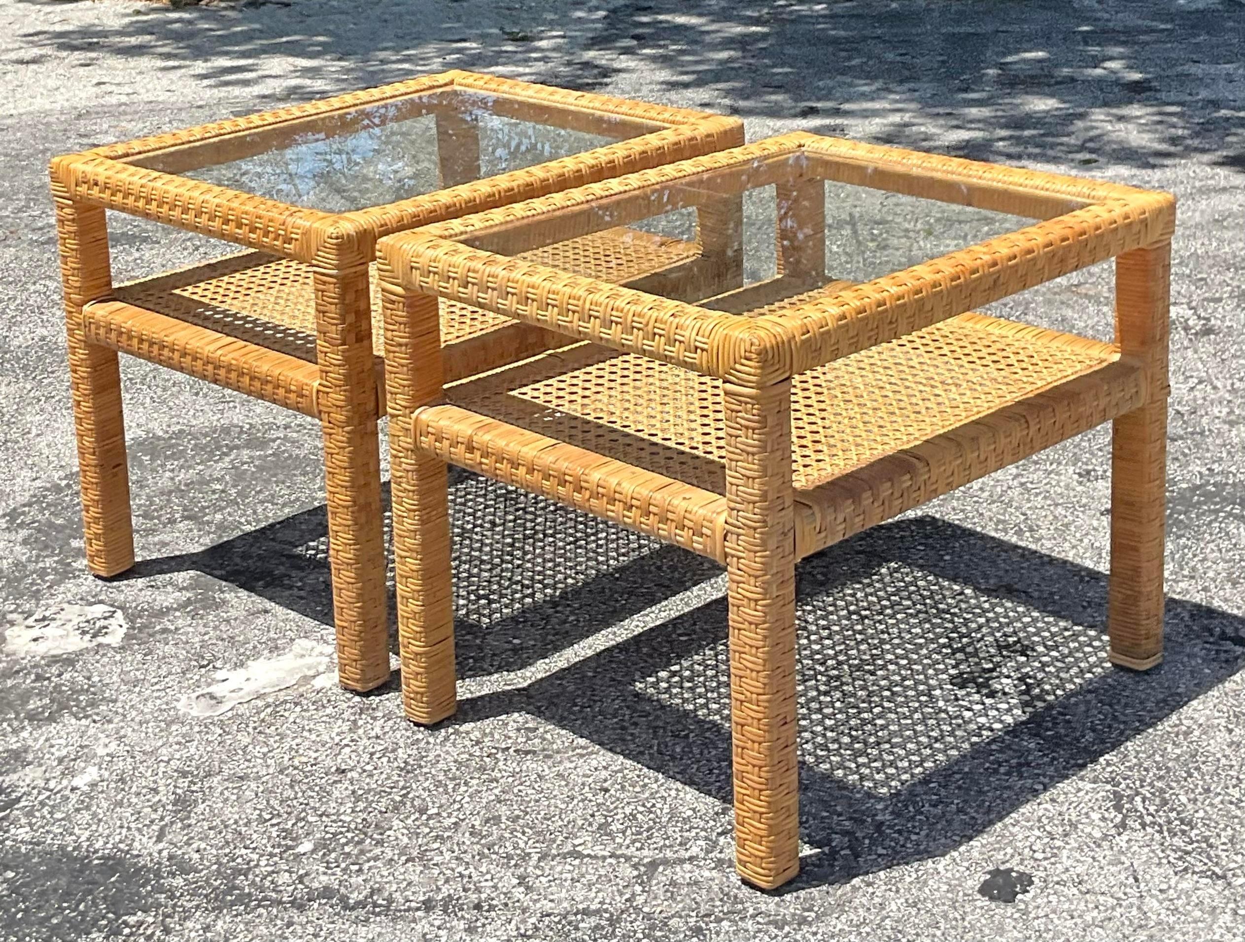 Mid 20th Century Vintage Coastal Woven Rattan Side Tables - Pair of 2 For Sale 1