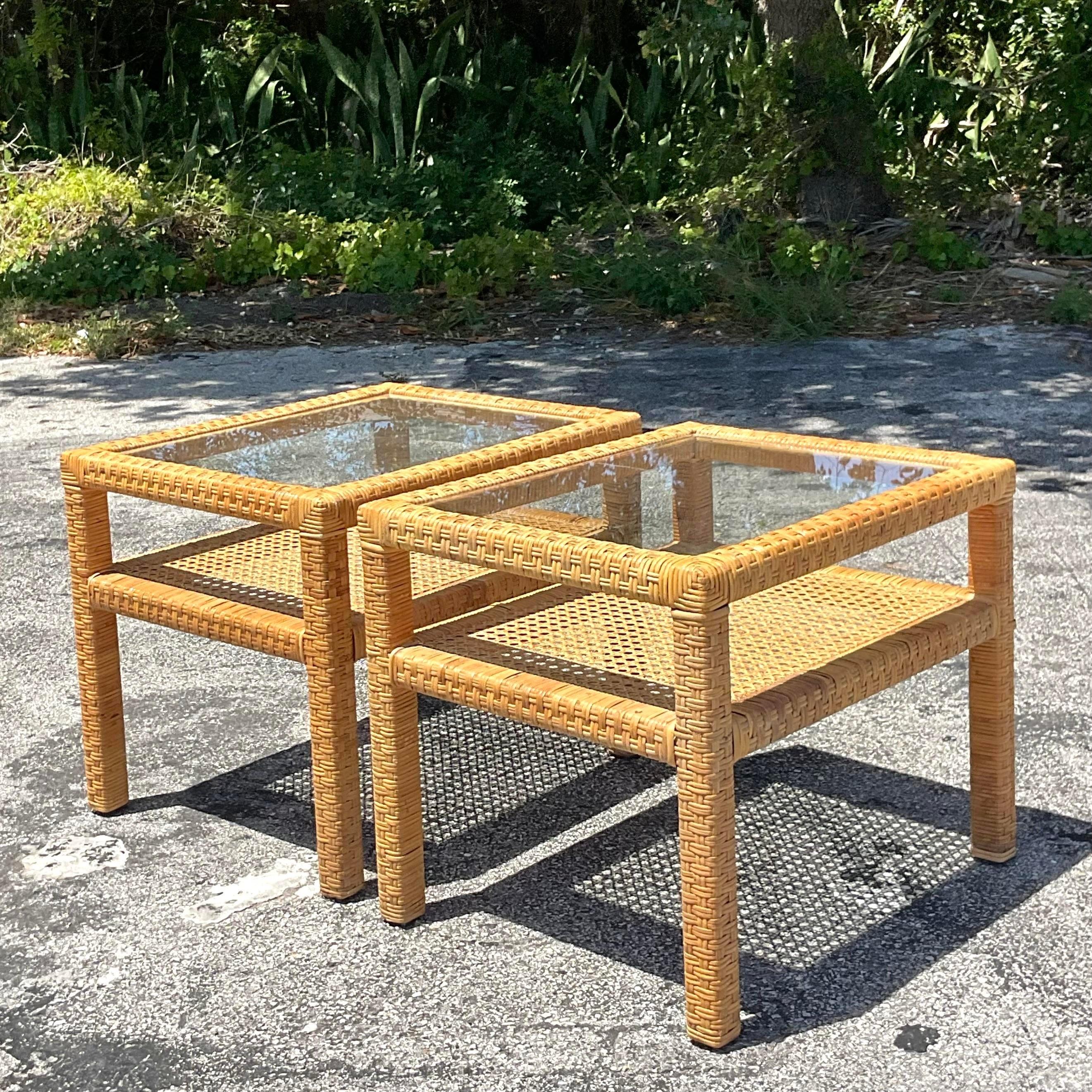 Mid 20th Century Vintage Coastal Woven Rattan Side Tables - Pair of 2 For Sale 2