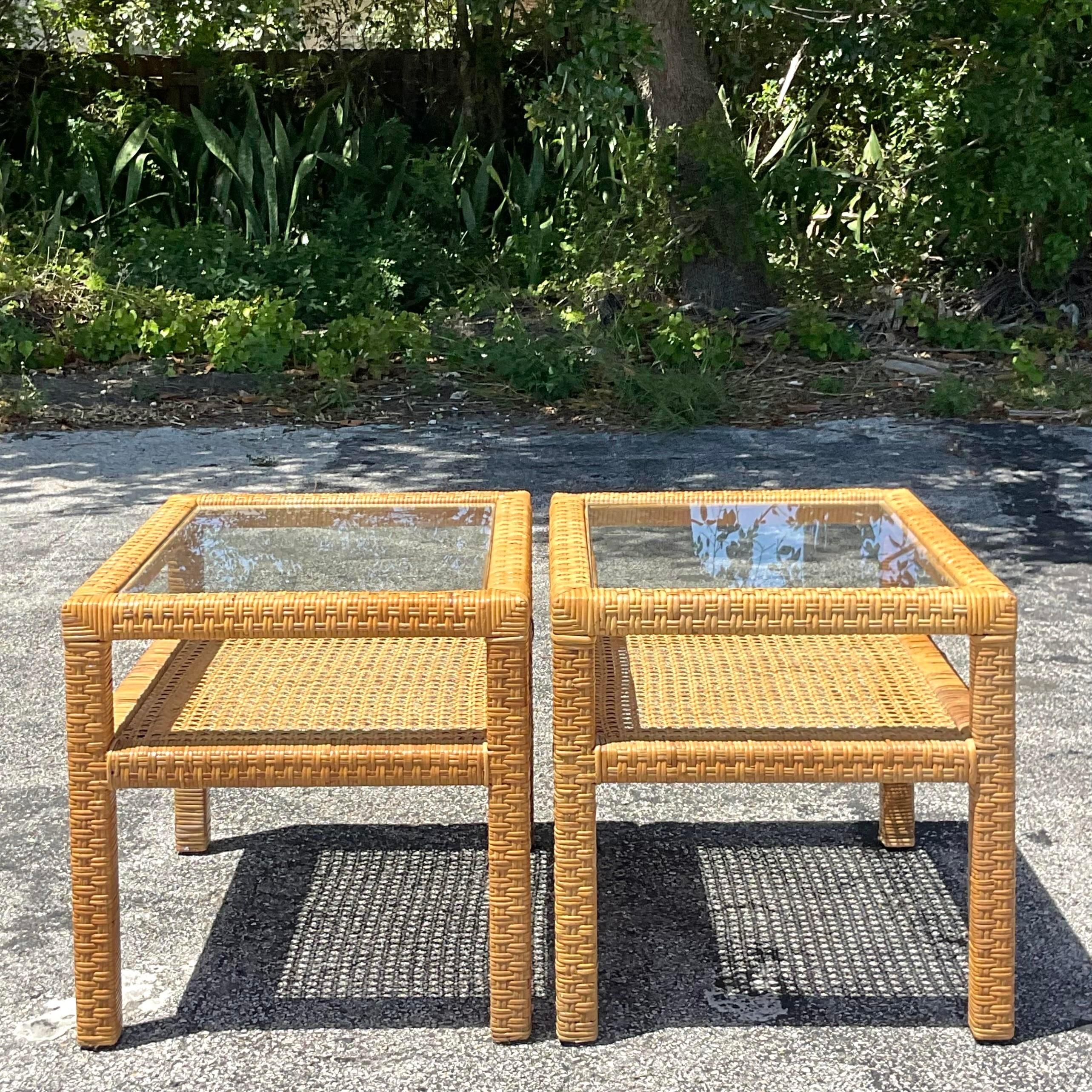 Mid 20th Century Vintage Coastal Woven Rattan Side Tables - Pair of 2 For Sale 3