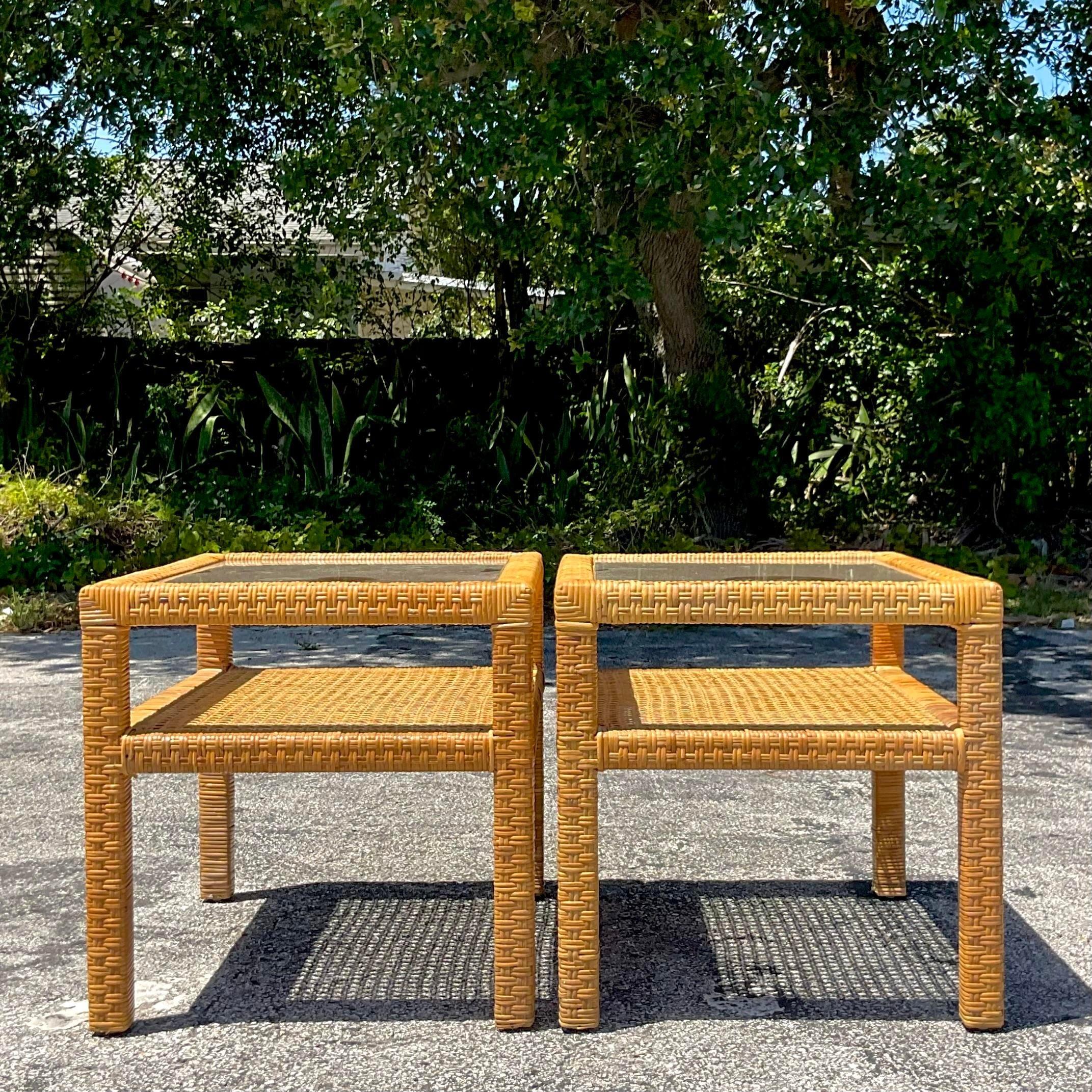 Mid 20th Century Vintage Coastal Woven Rattan Side Tables - Pair of 2 For Sale 4