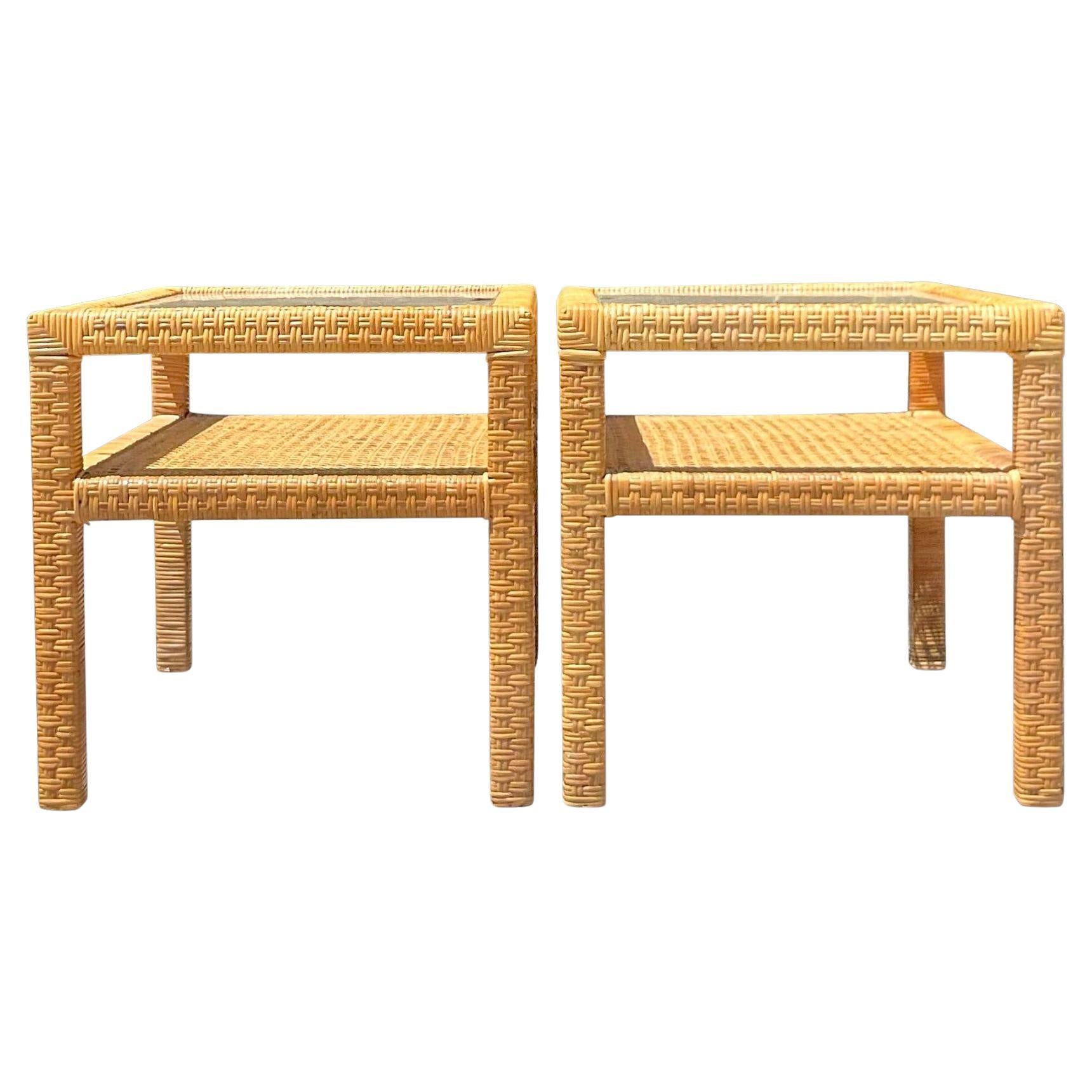 Mid 20th Century Vintage Coastal Woven Rattan Side Tables - Pair of 2 For Sale