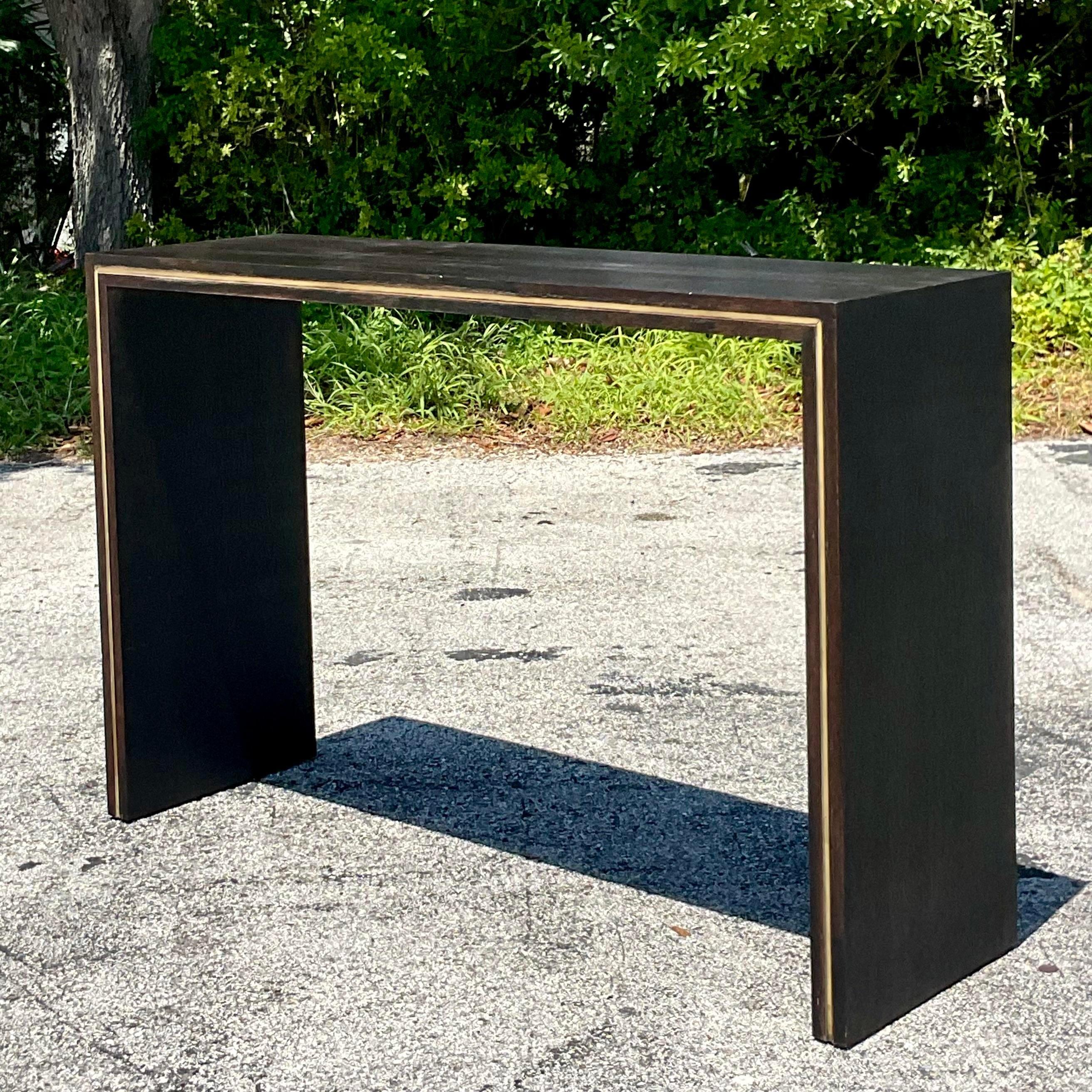 American Mid 20th Century Vintage Contemporary Custom Brass Inlay Console Table For Sale