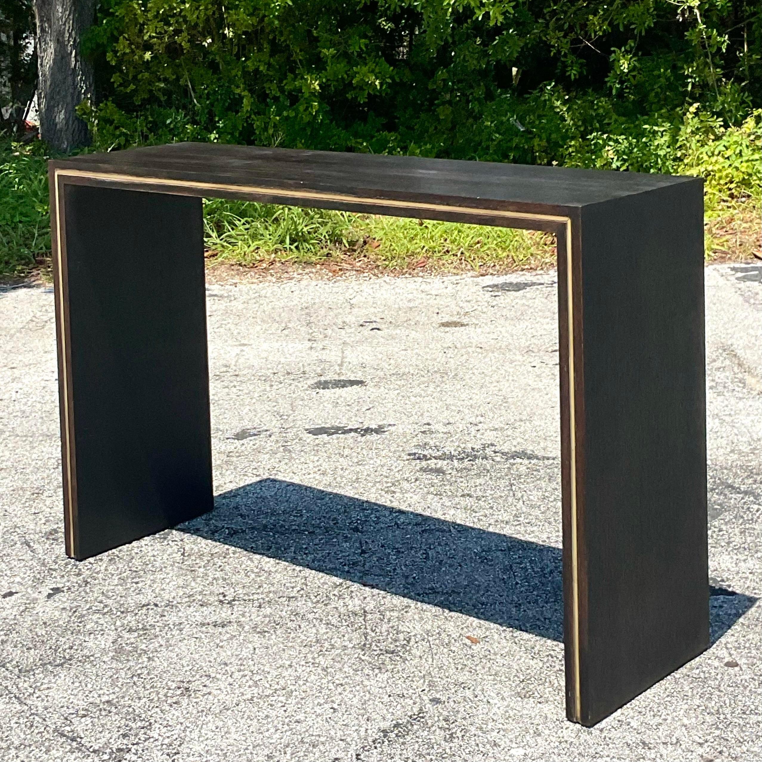 Mid 20th Century Vintage Contemporary Custom Brass Inlay Console Table In Good Condition For Sale In west palm beach, FL