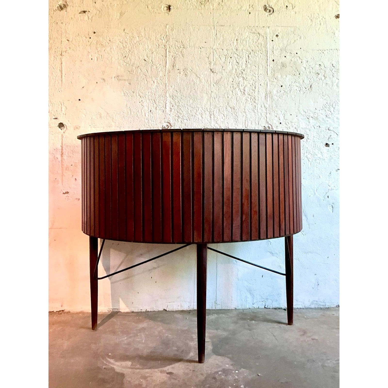 Scandinavian Modern Mid 20th Century Vintage Demi Lune Plank Dry Bar For Sale