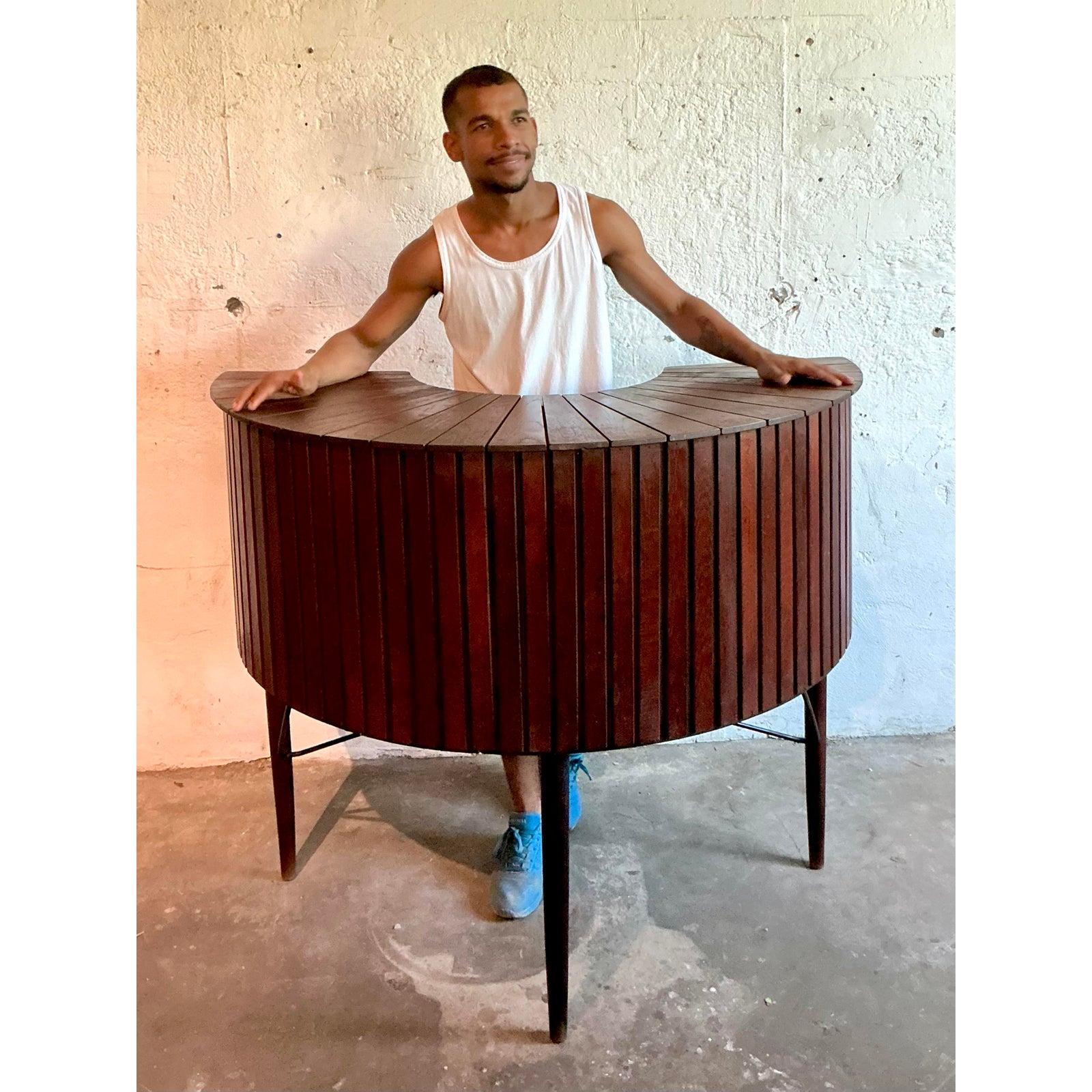 Mid 20th Century Vintage Demi Lune Plank Dry Bar In Good Condition For Sale In West Palm Beach, FL