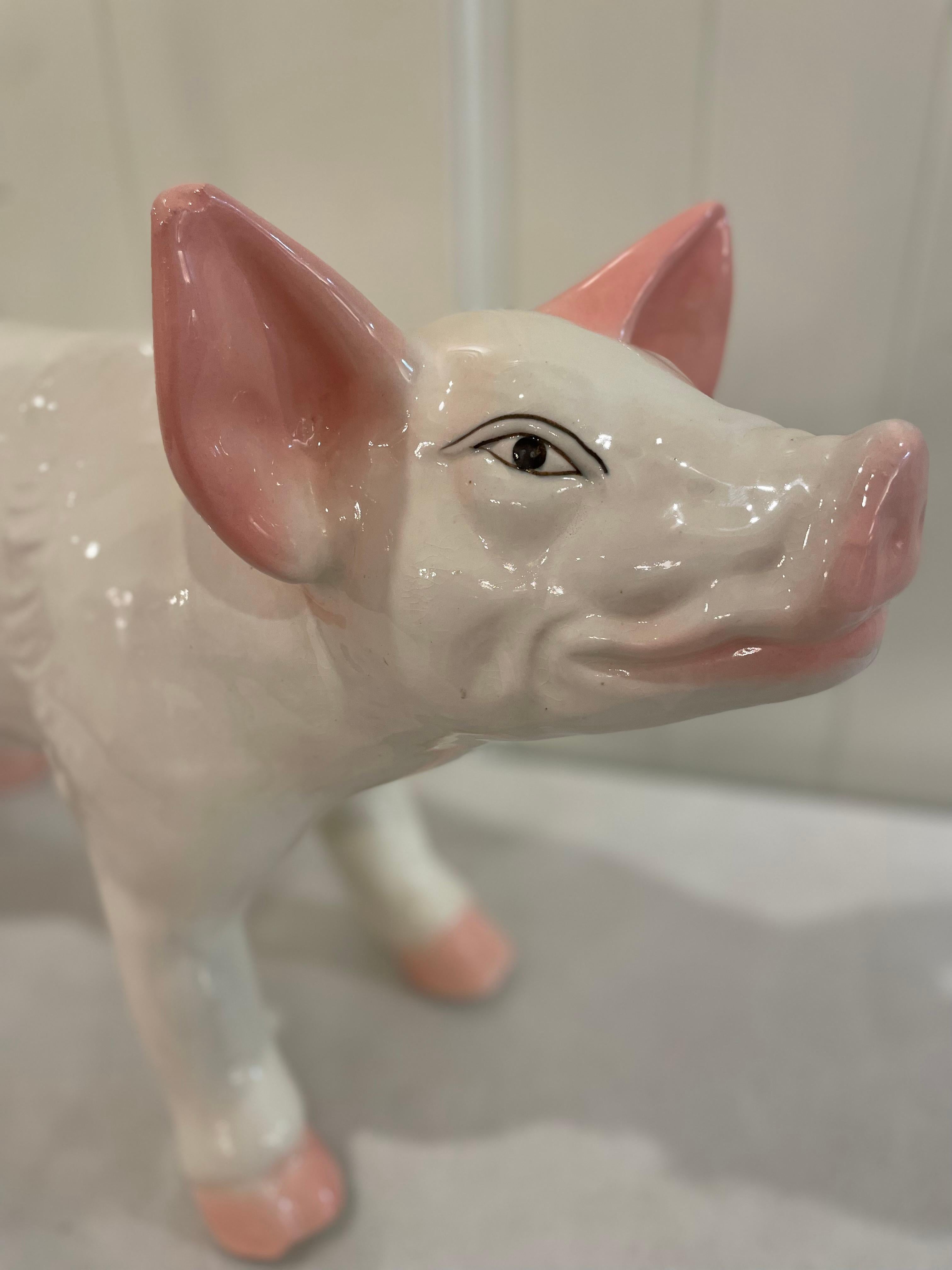 Mid 20th Century Vintage French Butcher Style Pig Crackle Design Ceramic Sculptu For Sale 1