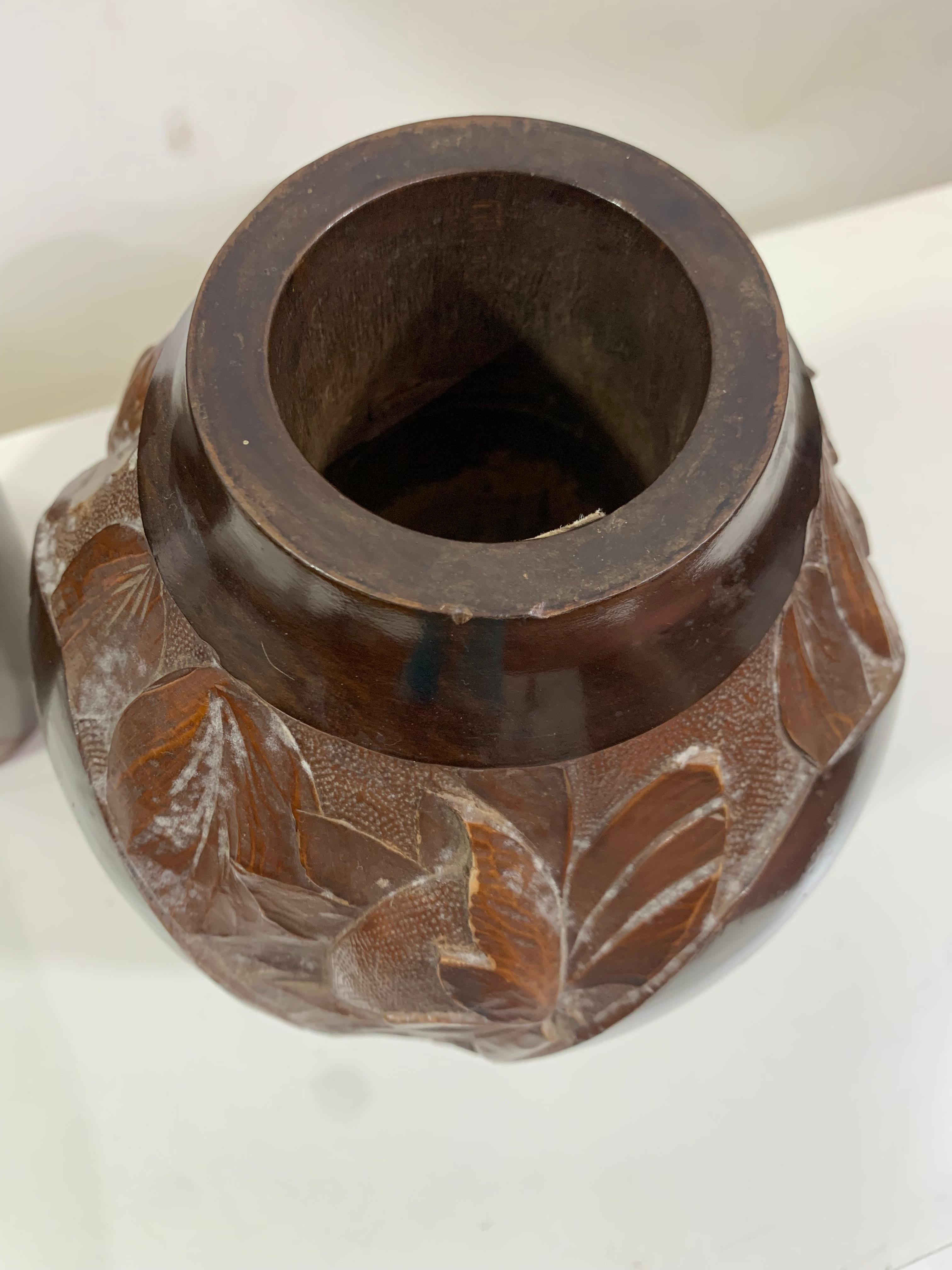 Mid - 20th Century Vintage Hand Carved Wooden Vase 2 Signed Dupia In Good Condition For Sale In Beirut, LB