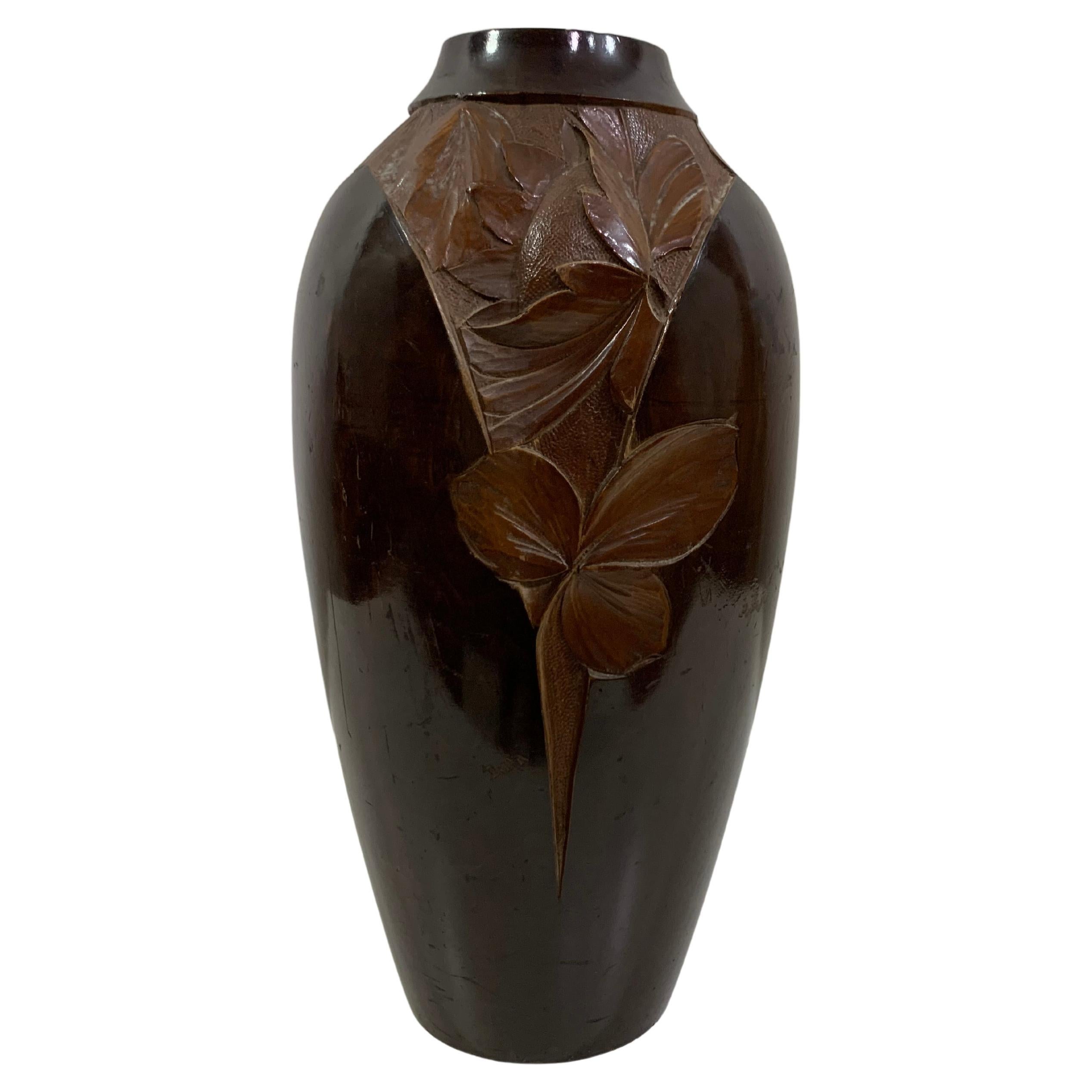 Mid - 20th Century Vintage Hand Carved Wooden Vase 2 Signed Dupia For Sale