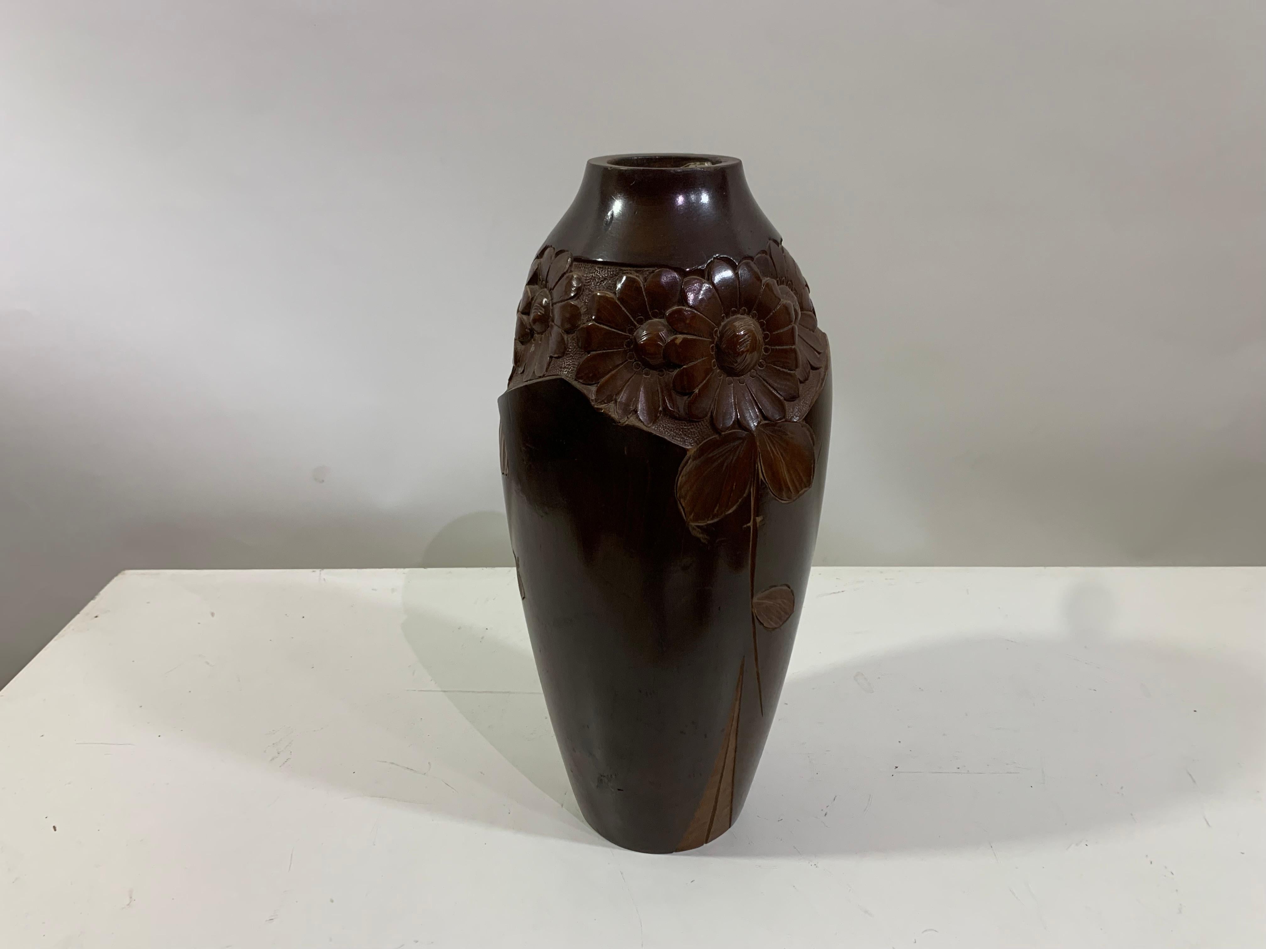 Art Deco Mid - 20th Century Vintage Hand Carved Wooden Vase 1 Signed Dupia For Sale
