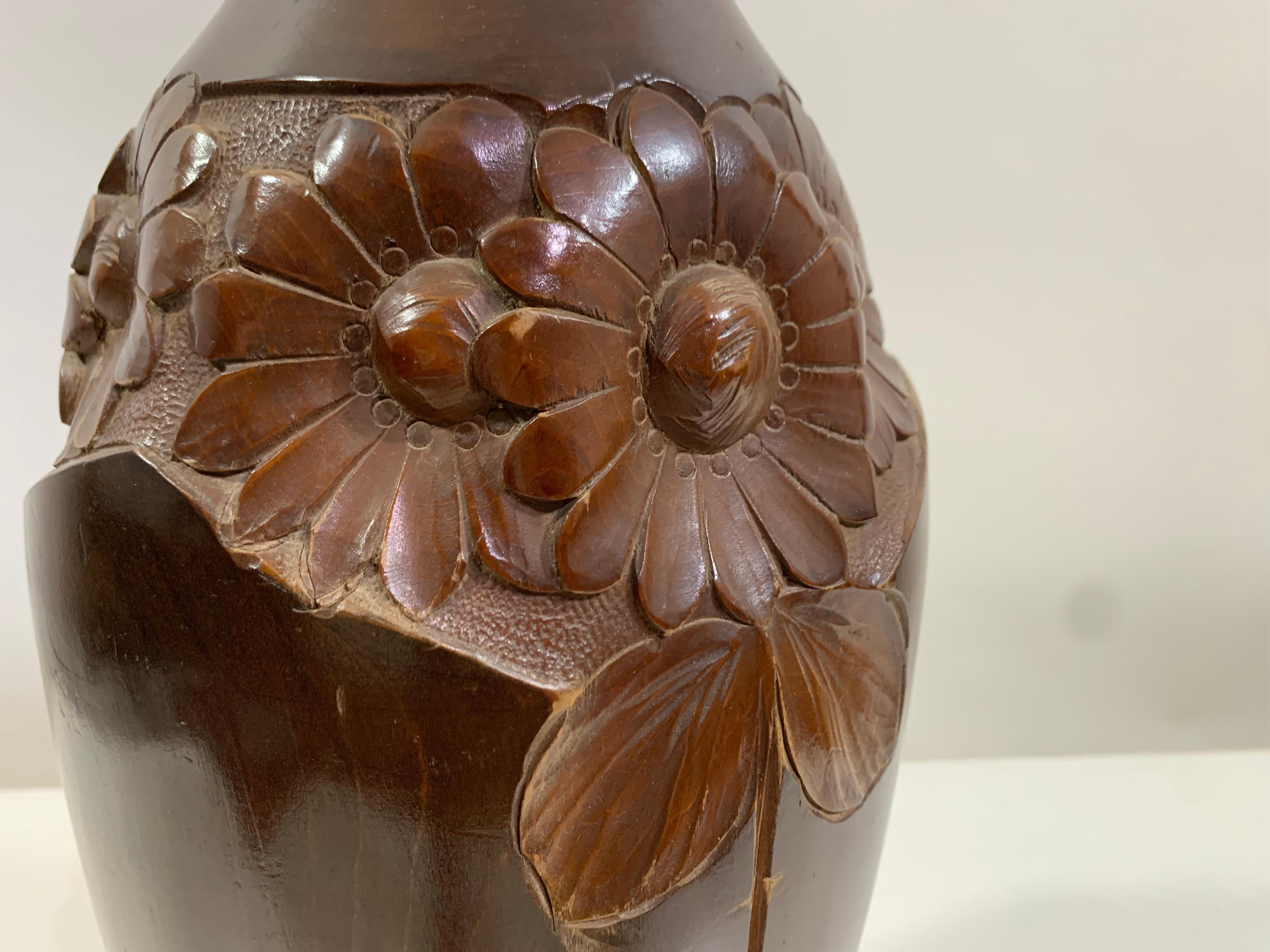 French Mid - 20th Century Vintage Hand Carved Wooden Vase 1 Signed Dupia For Sale
